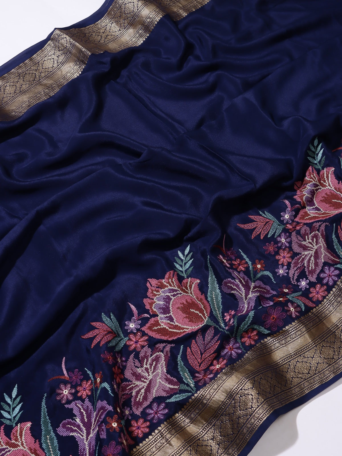 Navy Blue Embroidered Mysore Crepe Silk Saree (Swara)