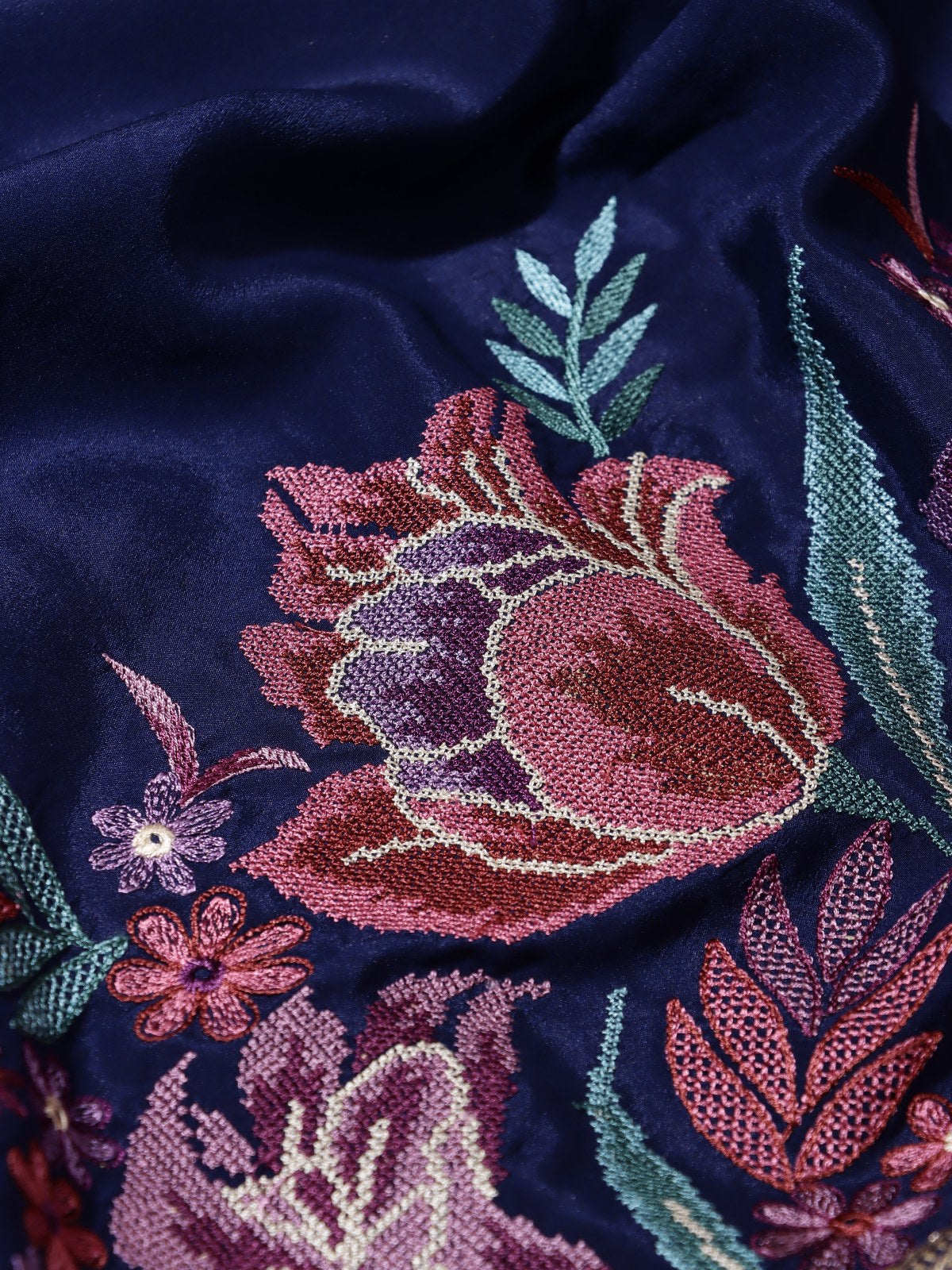 Navy Blue Embroidered Mysore Crepe Silk Saree (Swara)