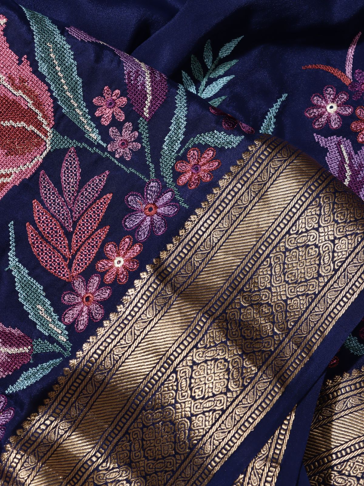 Navy Blue Embroidered Mysore Crepe Silk Saree (Swara)
