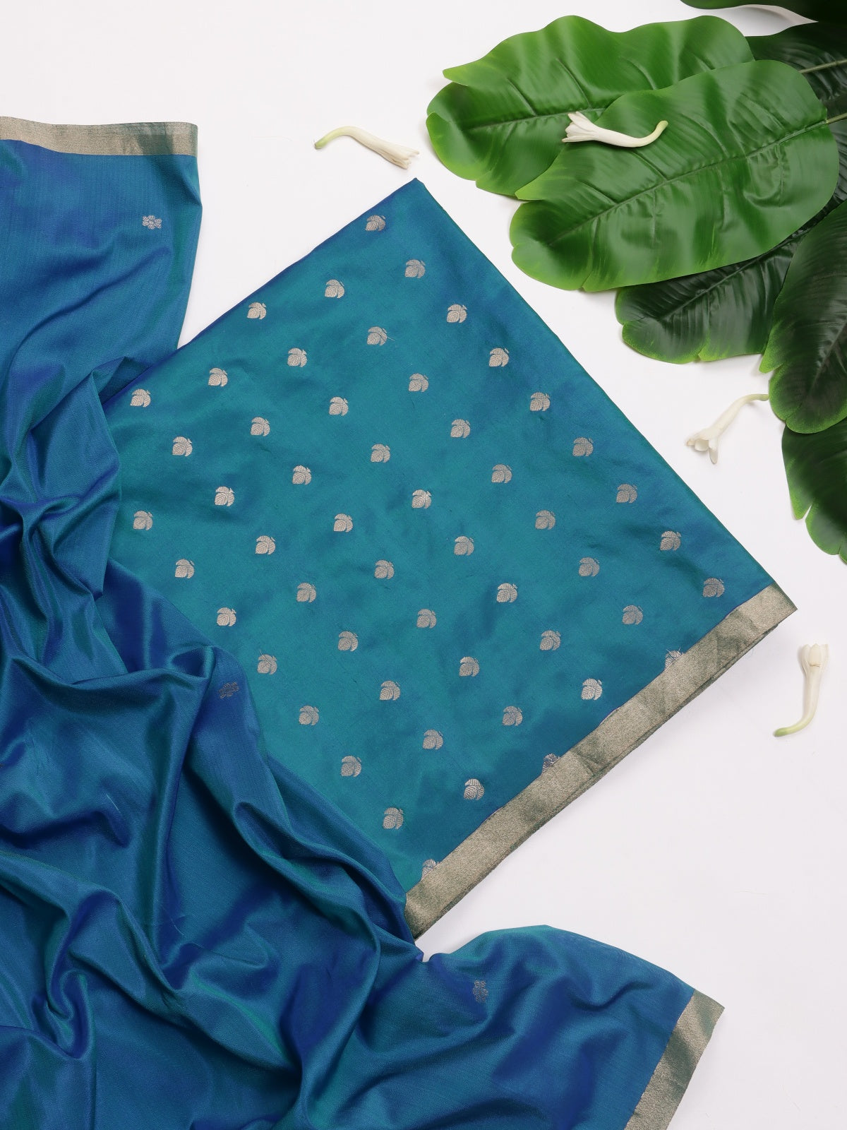 Peacock Blue Pure Kathan Banarasi Silk Dress Material (Swara)