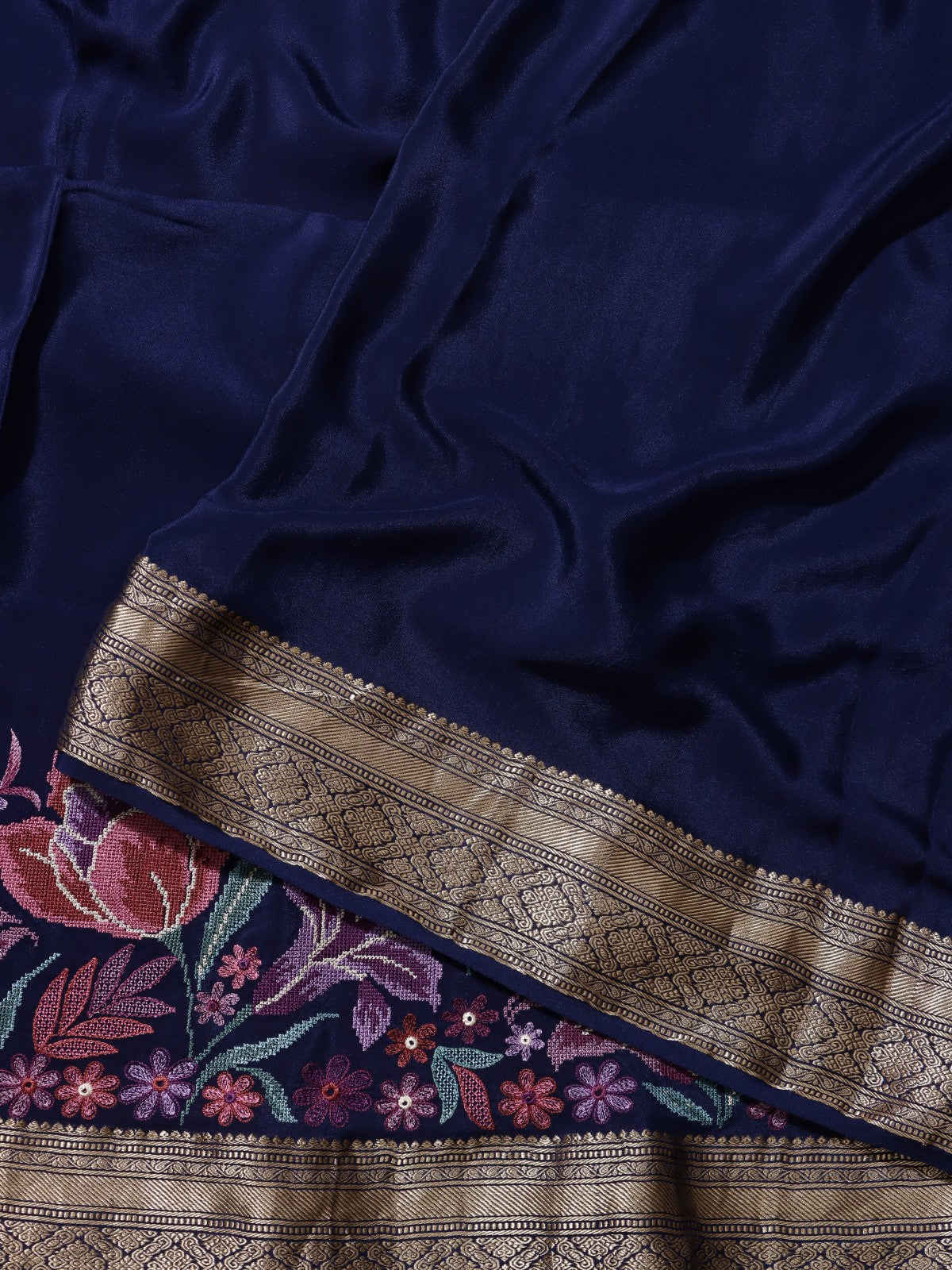 Navy Blue Embroidered Mysore Crepe Silk Saree (Swara)