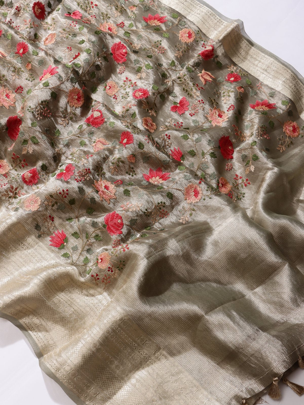Brown Embroidered Pure Tissue Saree (Swara)