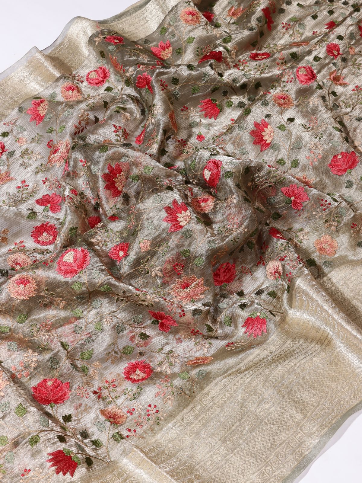 Brown Embroidered Pure Tissue Saree (Swara)