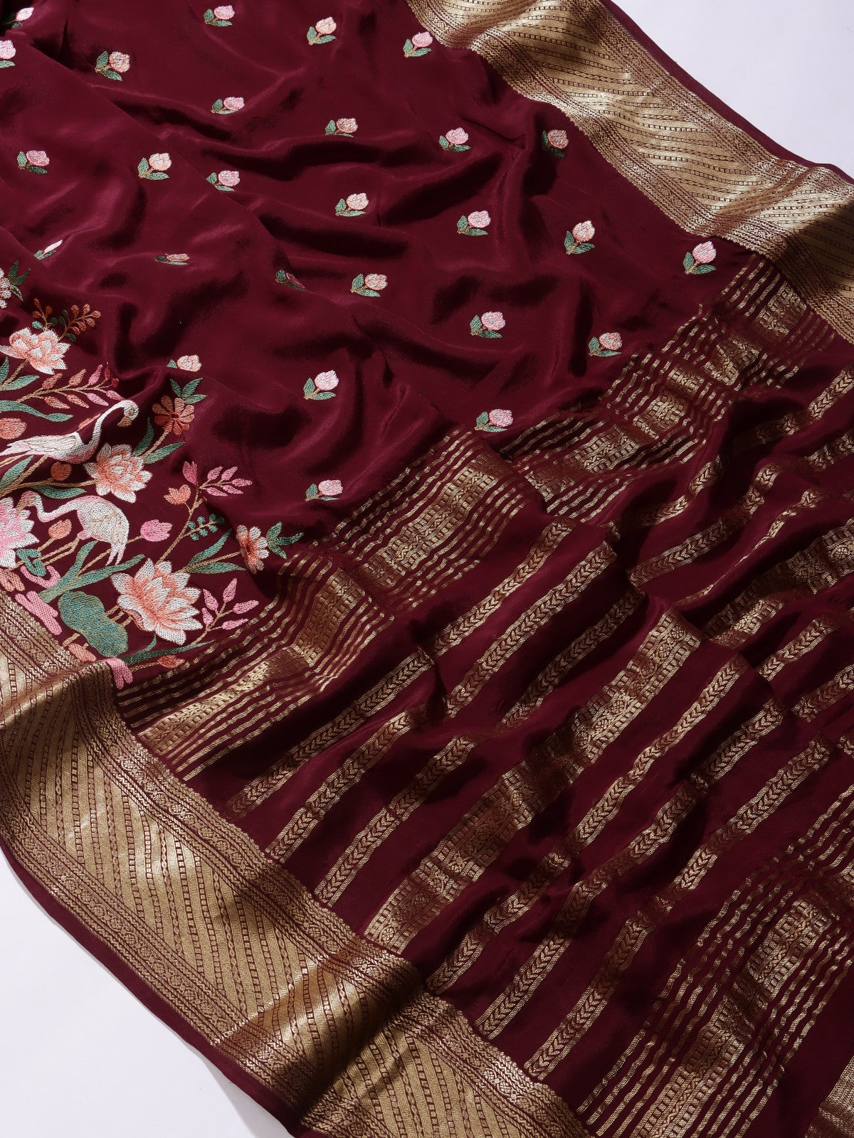 Maroon Embroidered Mysore Crepe Silk Saree (Swara)