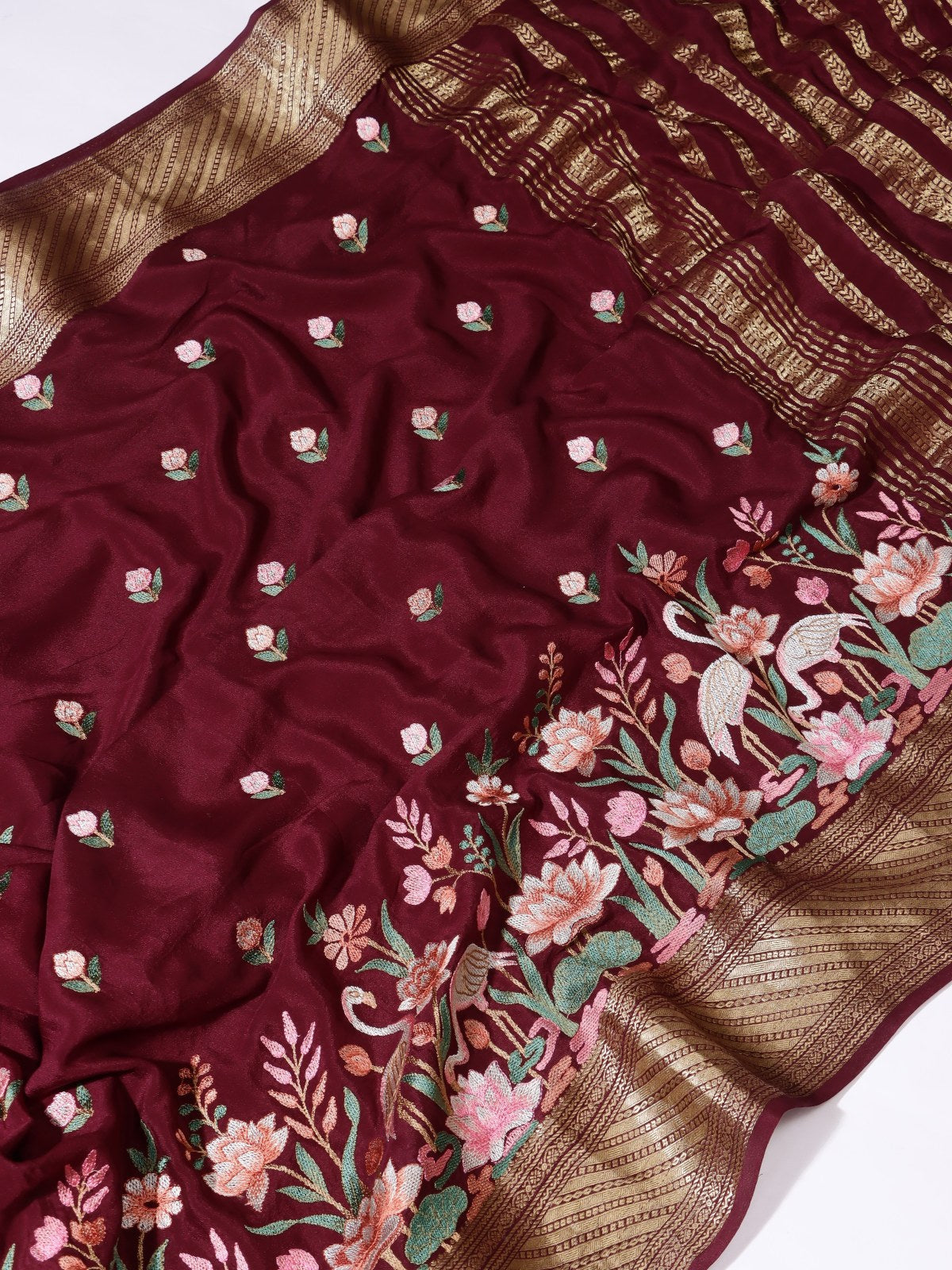 Maroon Embroidered Mysore Crepe Silk Saree (Swara)