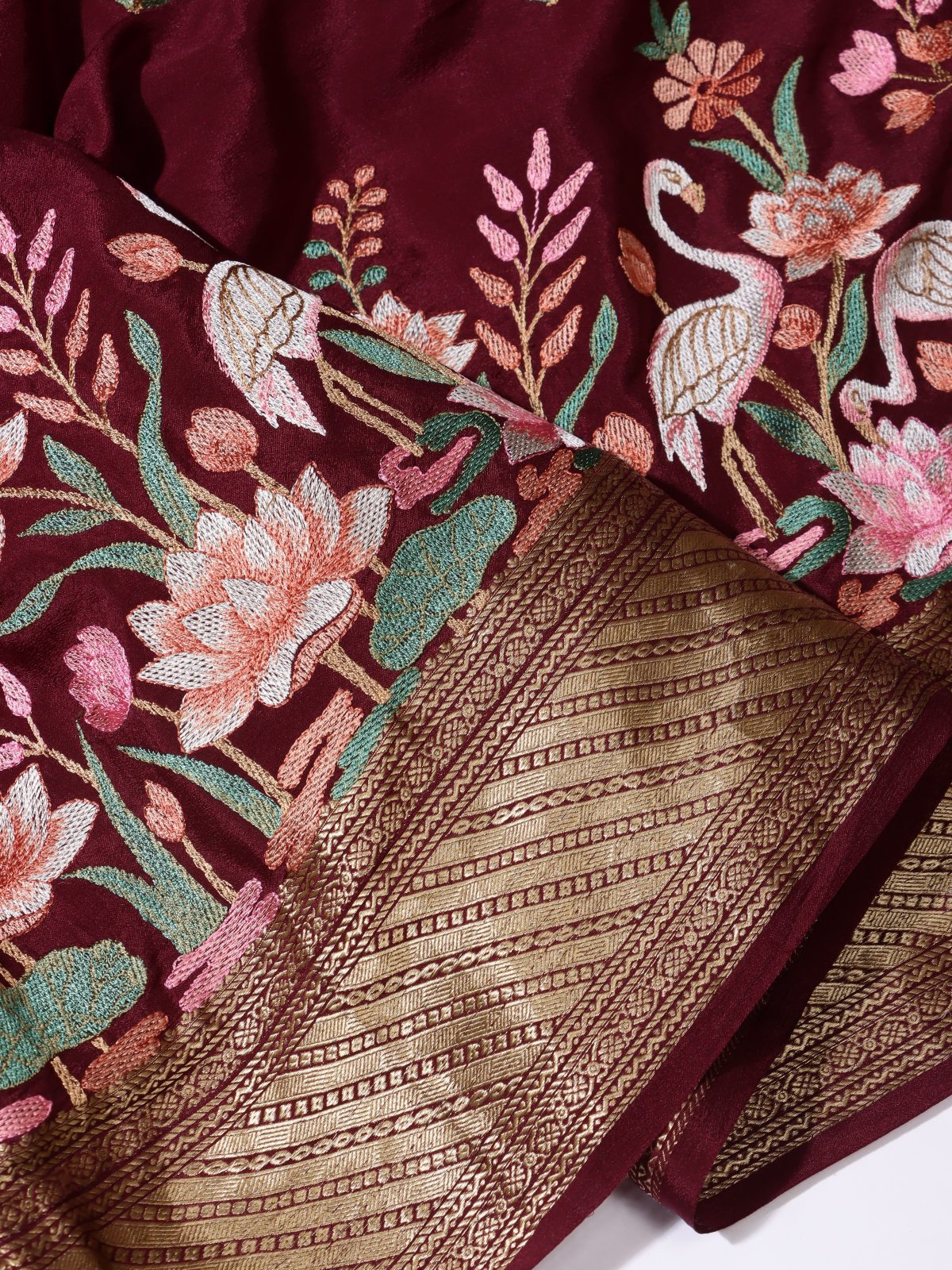 Maroon Embroidered Mysore Crepe Silk Saree (Swara)