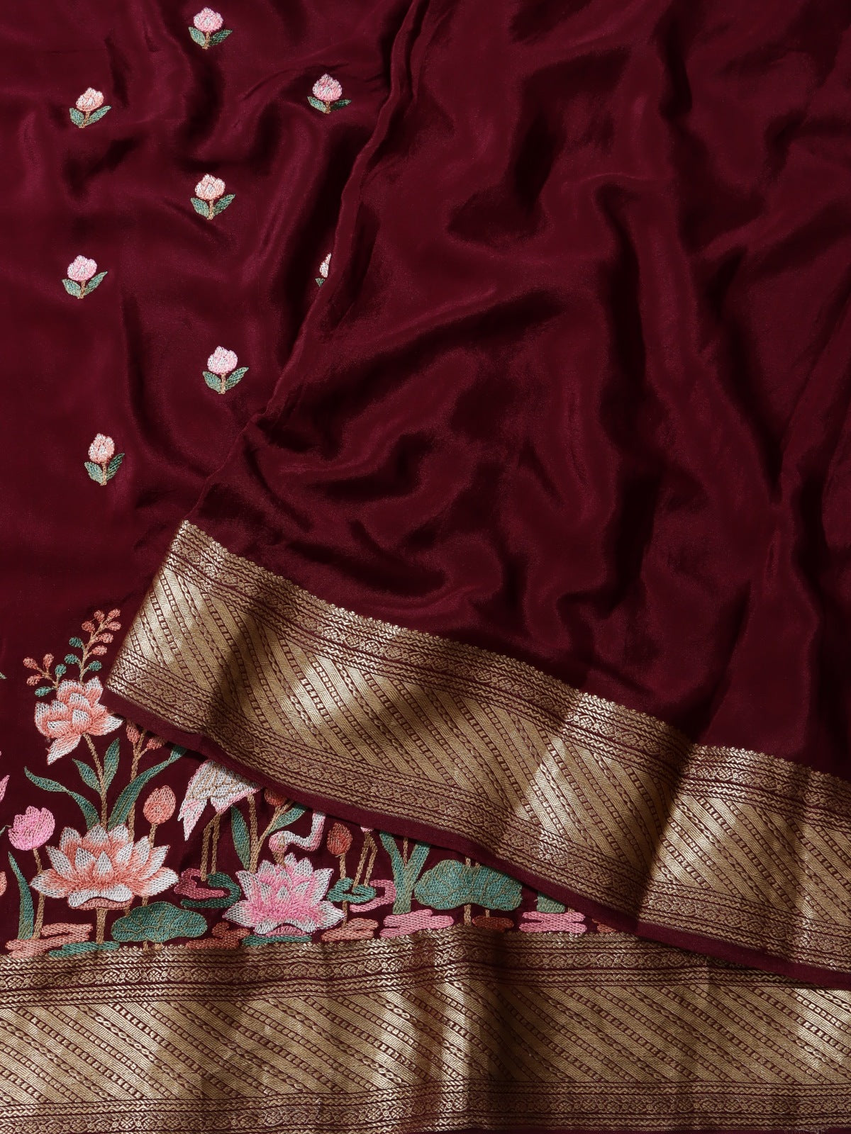 Maroon Embroidered Mysore Crepe Silk Saree (Swara)