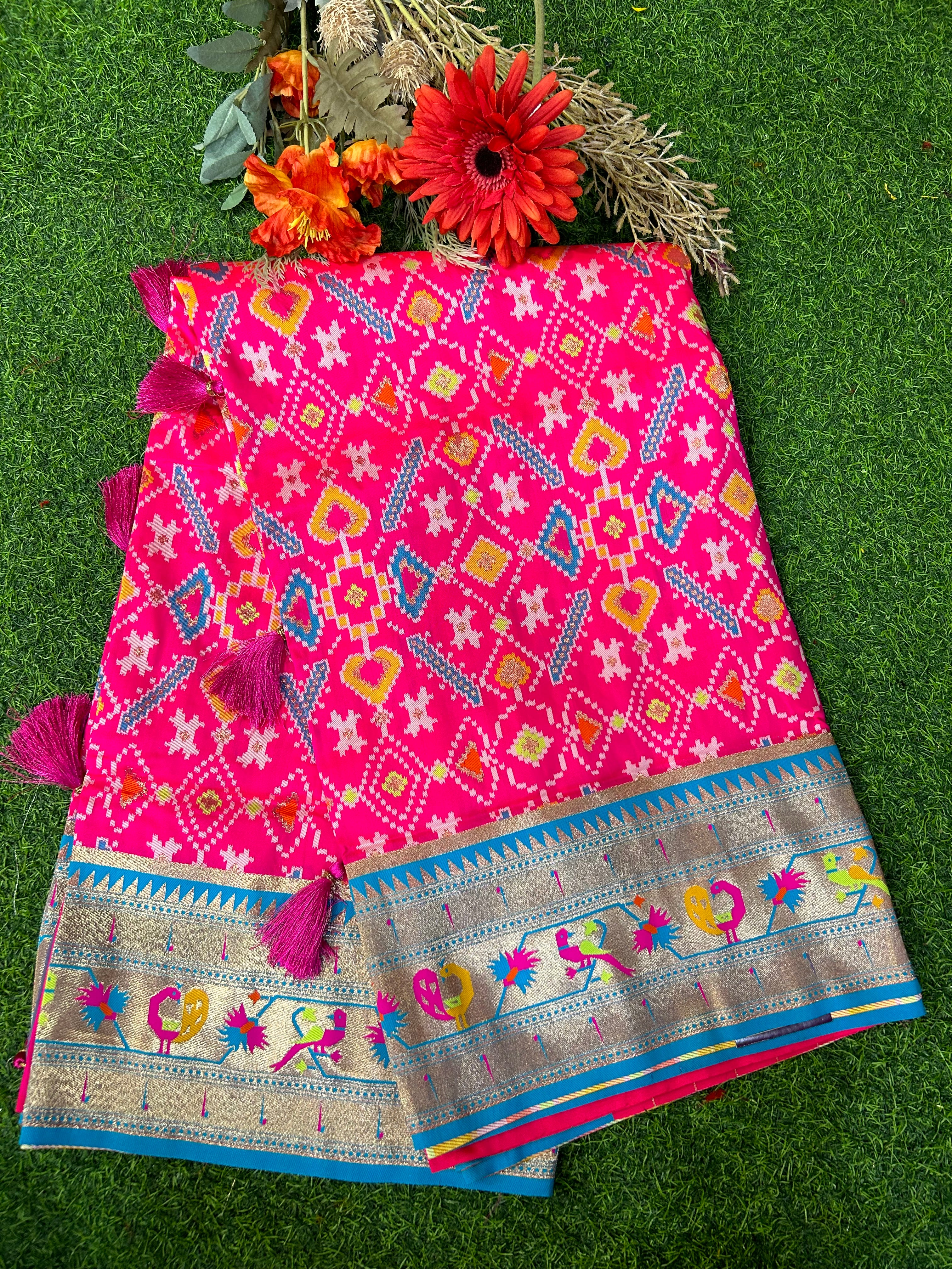 Pink and blue copper border patola saree (RR )