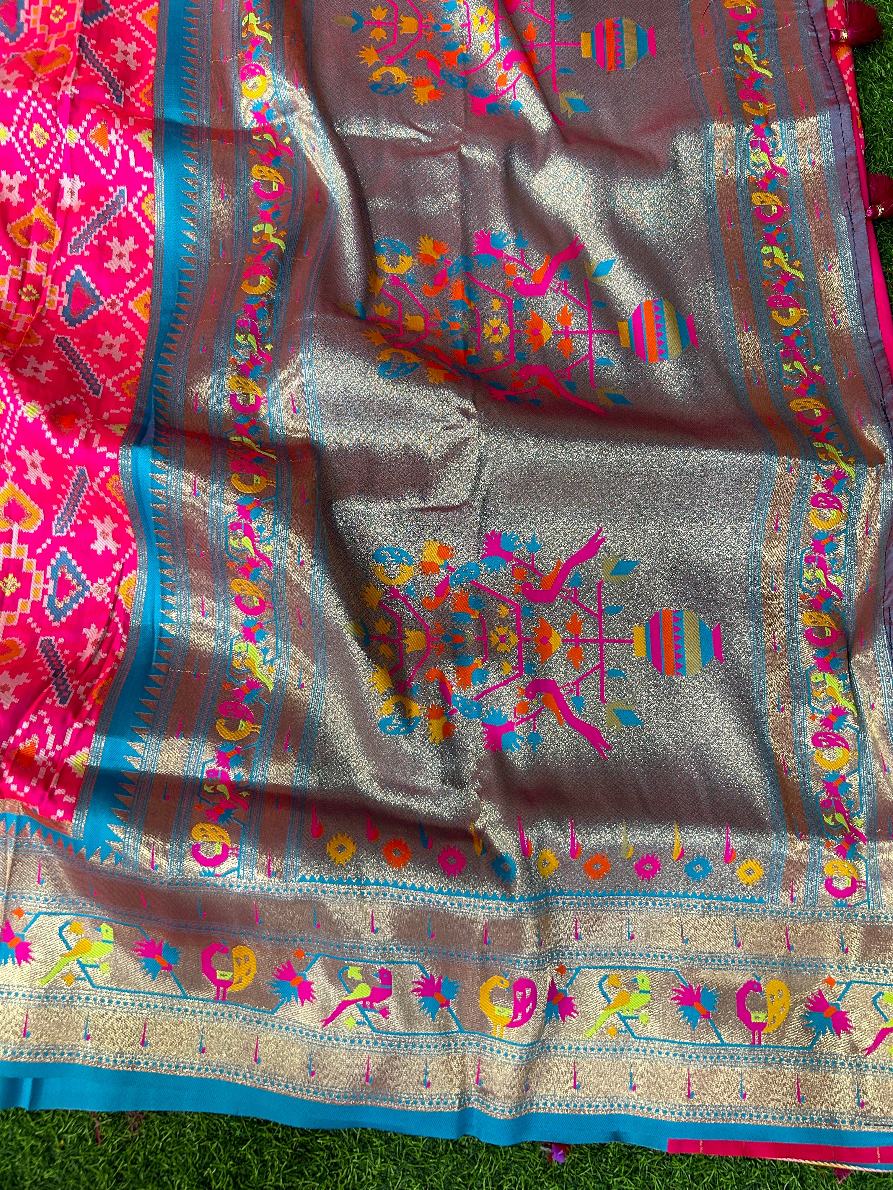 Pink and blue copper border patola saree (RR )