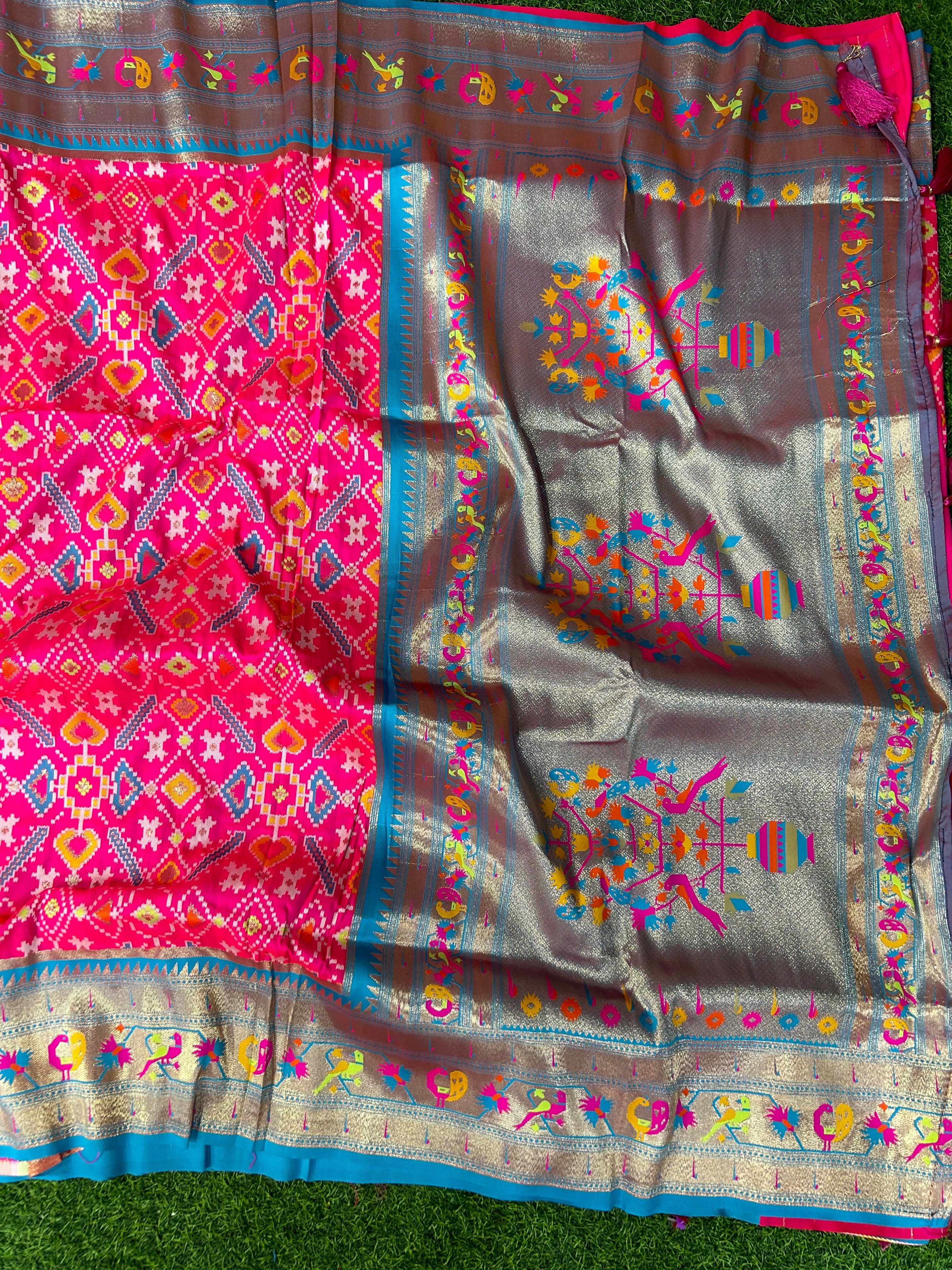 Pink and blue copper border patola saree (RR )