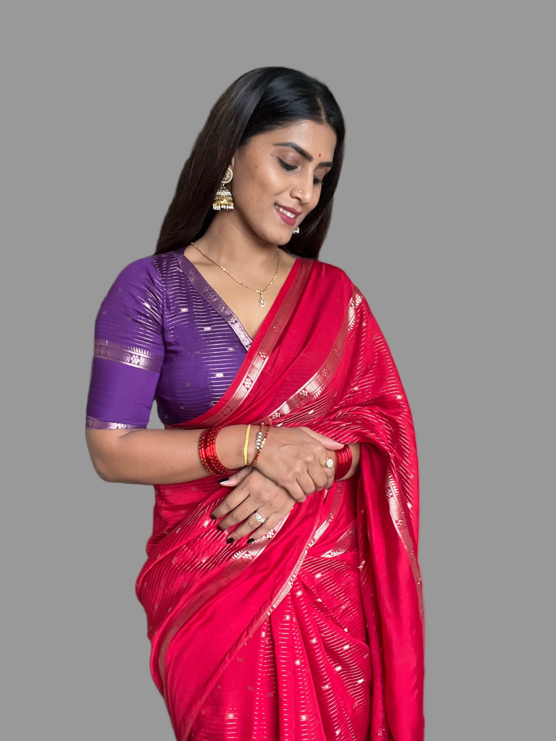 Chandana red n purple stripes elegant wear saree
