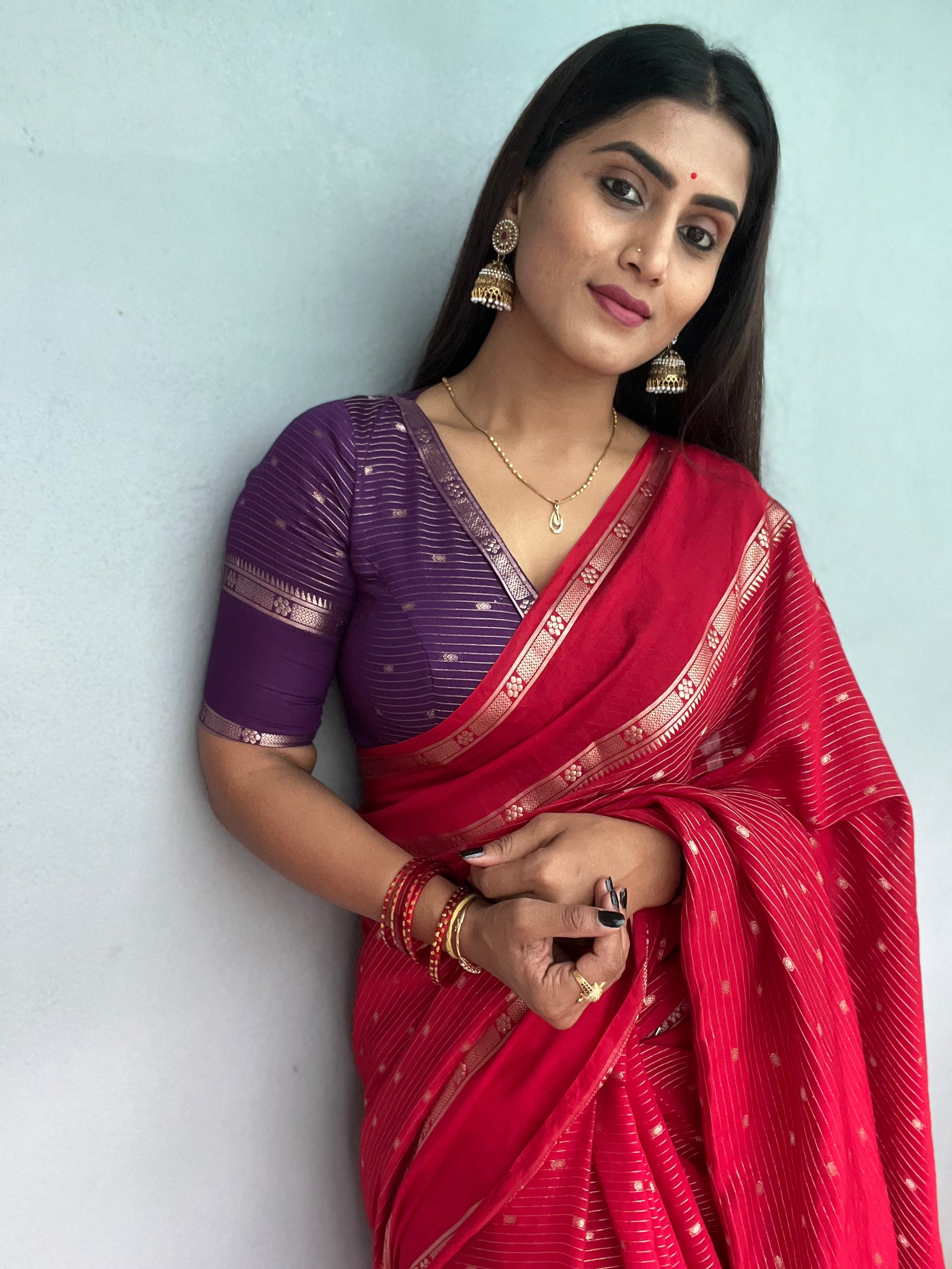 Chandana red n purple stripes elegant wear saree