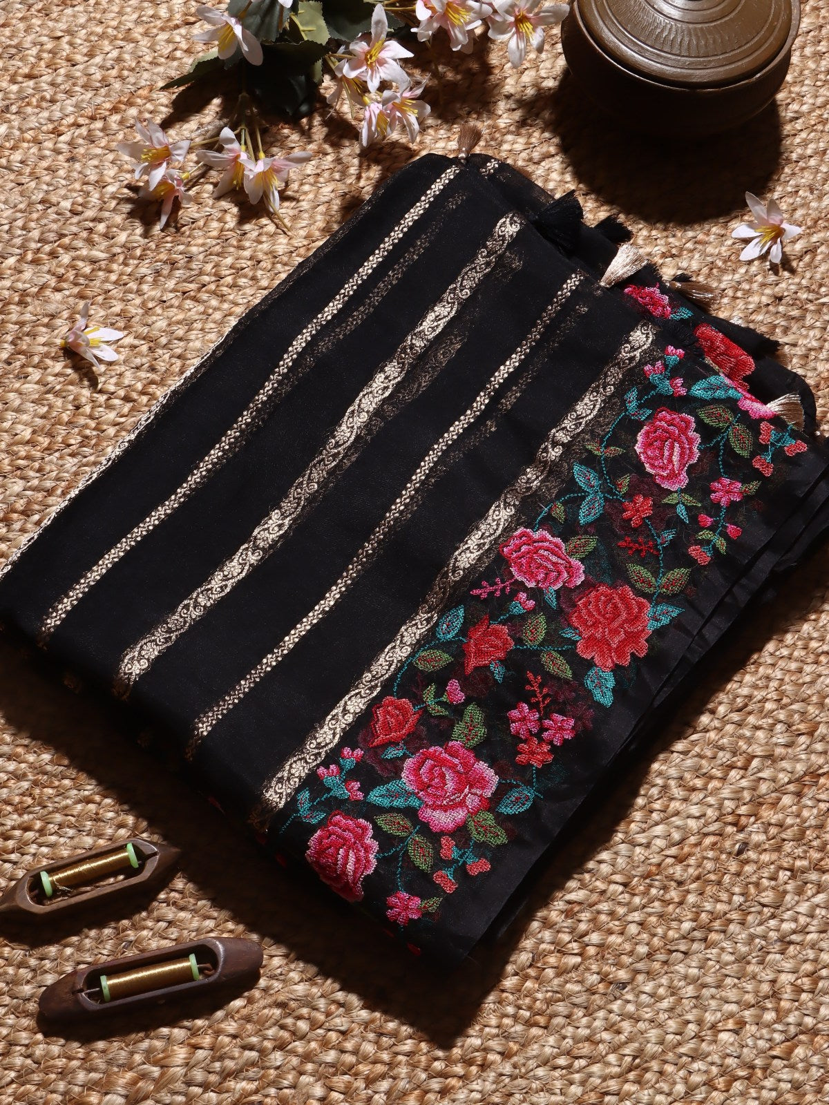 Black Pure Organza Embroidery Border Saree (Swara)
