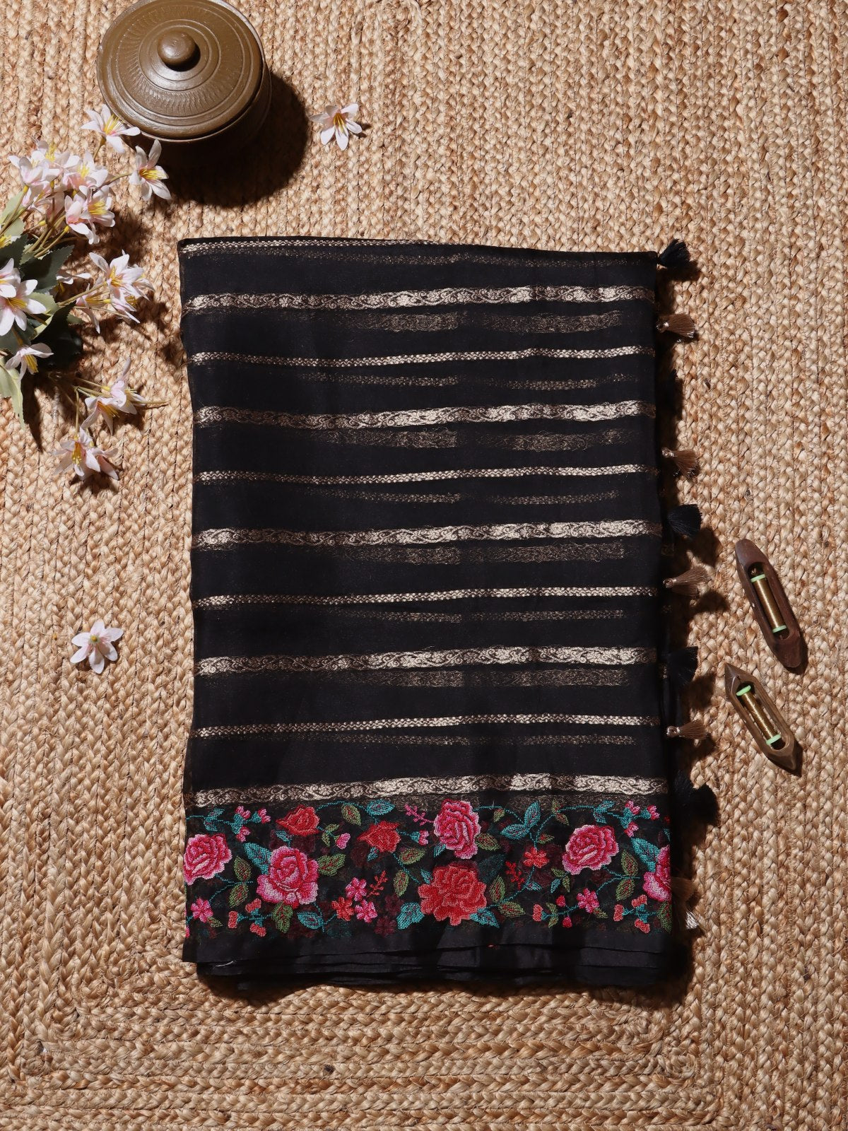 Black Pure Organza Embroidery Border Saree (Swara)