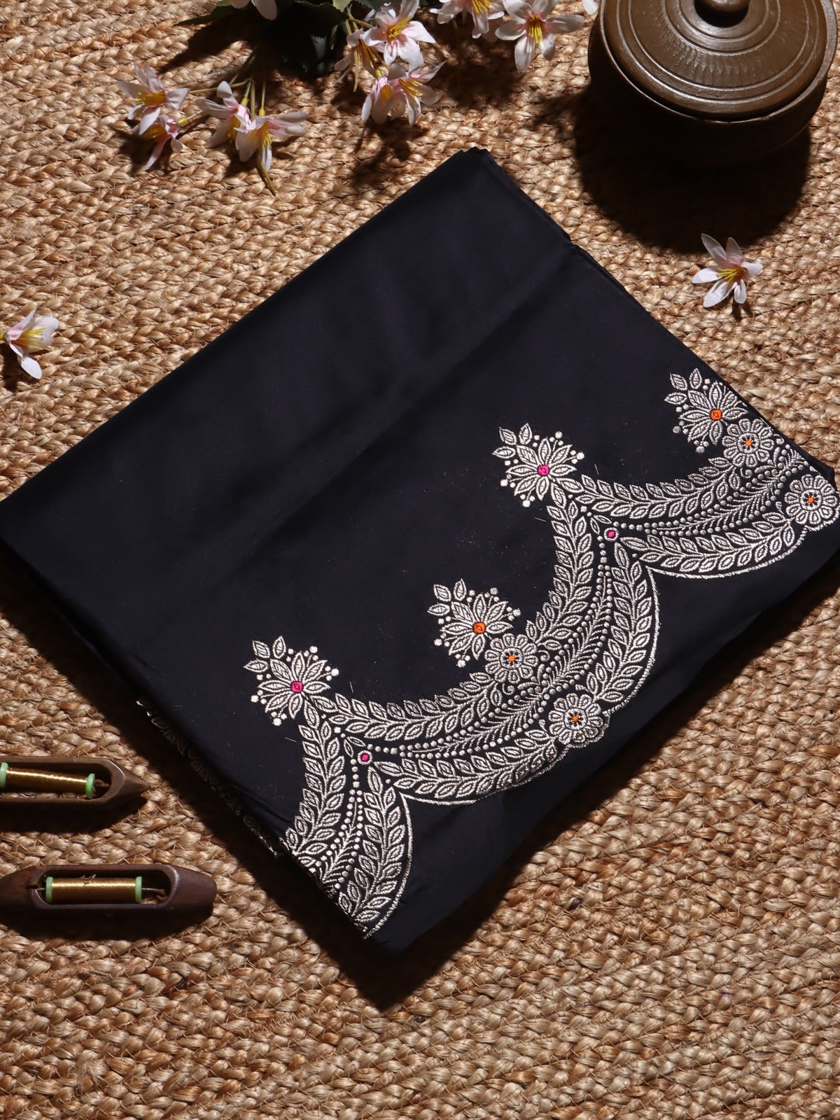 Black Pure Kathan Scallop Border Silk Saree (Swara)