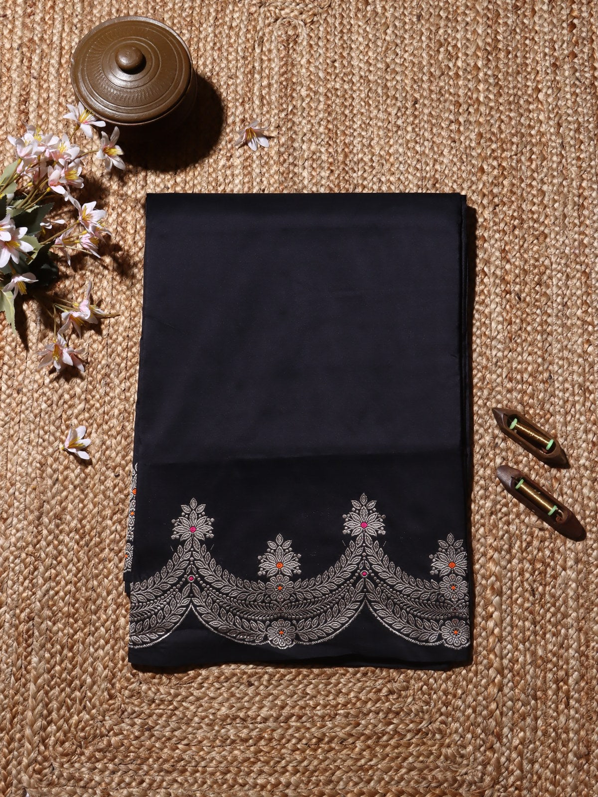 Black Pure Kathan Scallop Border Silk Saree (Swara)