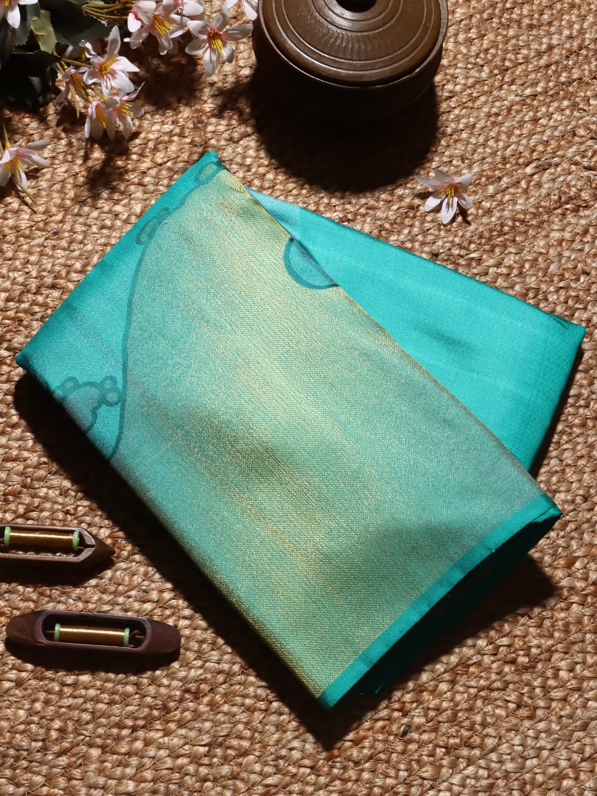 Sea Green Ravivarma Art Pure Kanchi Silk Saree 4G (Swara)