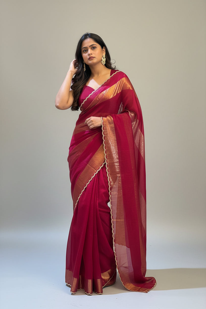 Rose Red Organza Tissue Party Wear 107 Saree