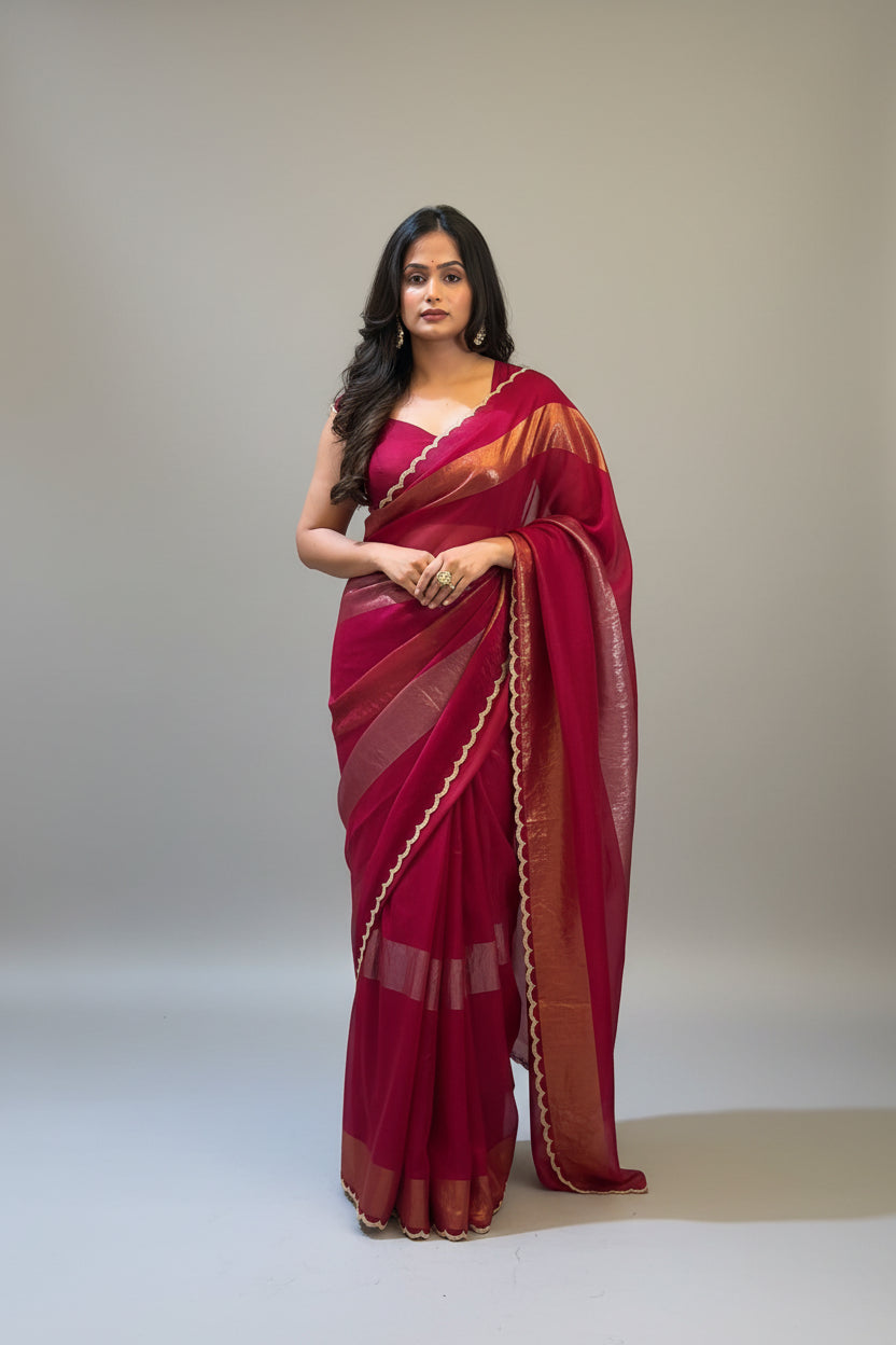 Rose Red Organza Tissue Party Wear 107 Saree