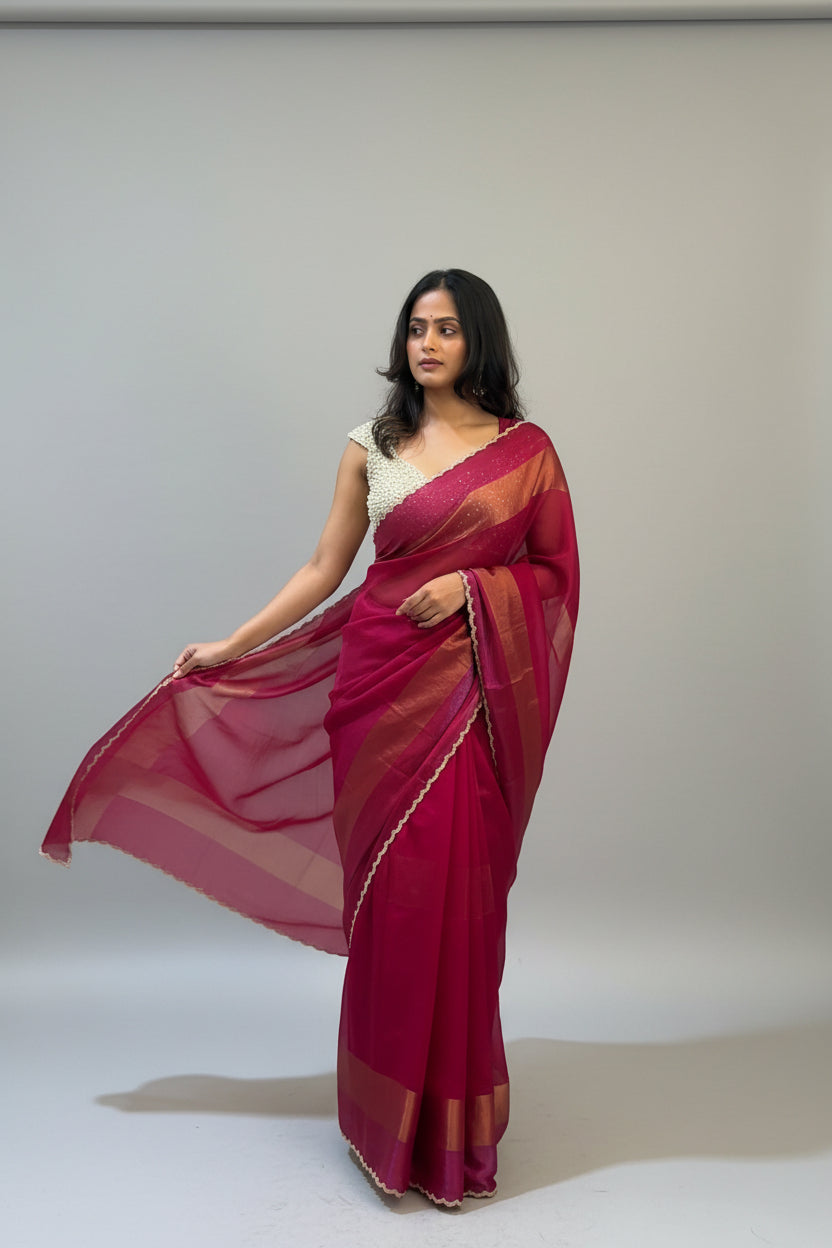 Rose Red Organza Tissue Party Wear 107 Saree