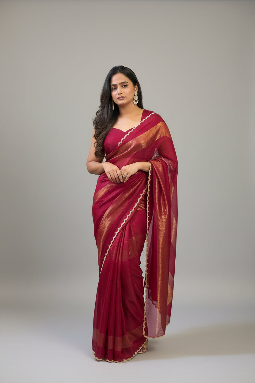 Rose Red Organza Tissue Party Wear 107 Saree