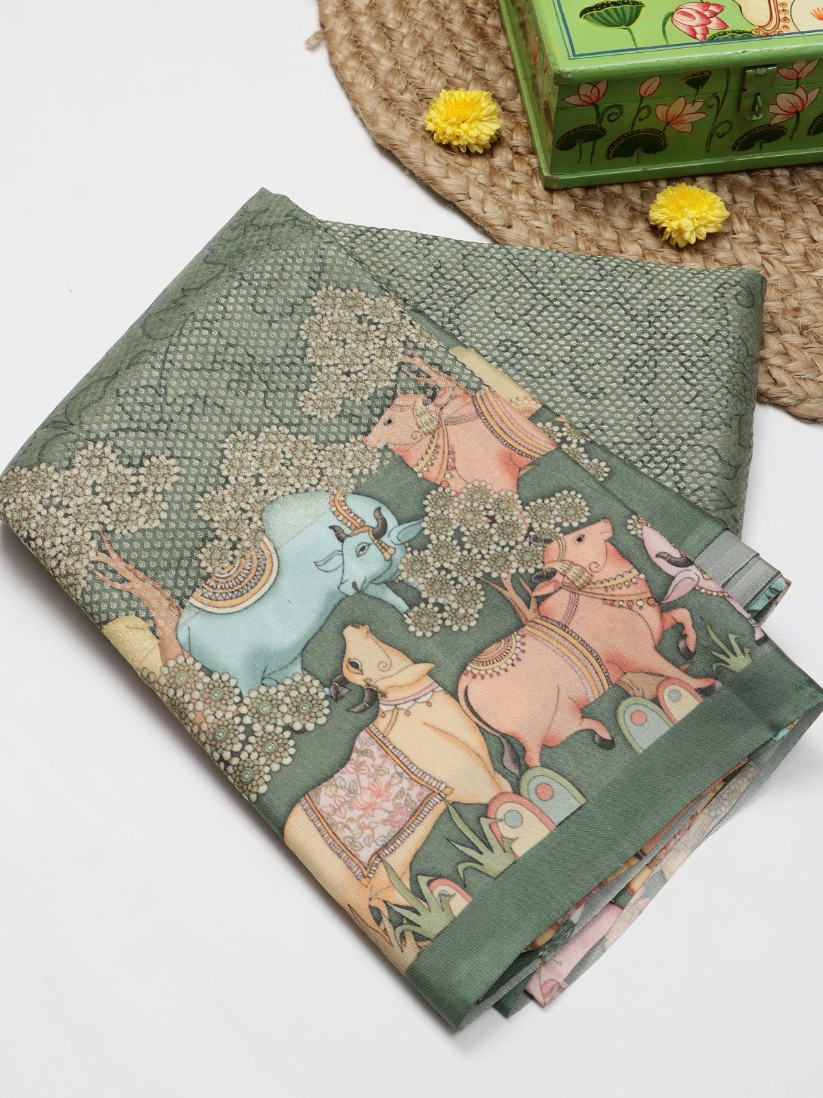 Olive Green Digital Print Brocade Pure Kanchi Silk Saree (Swara)