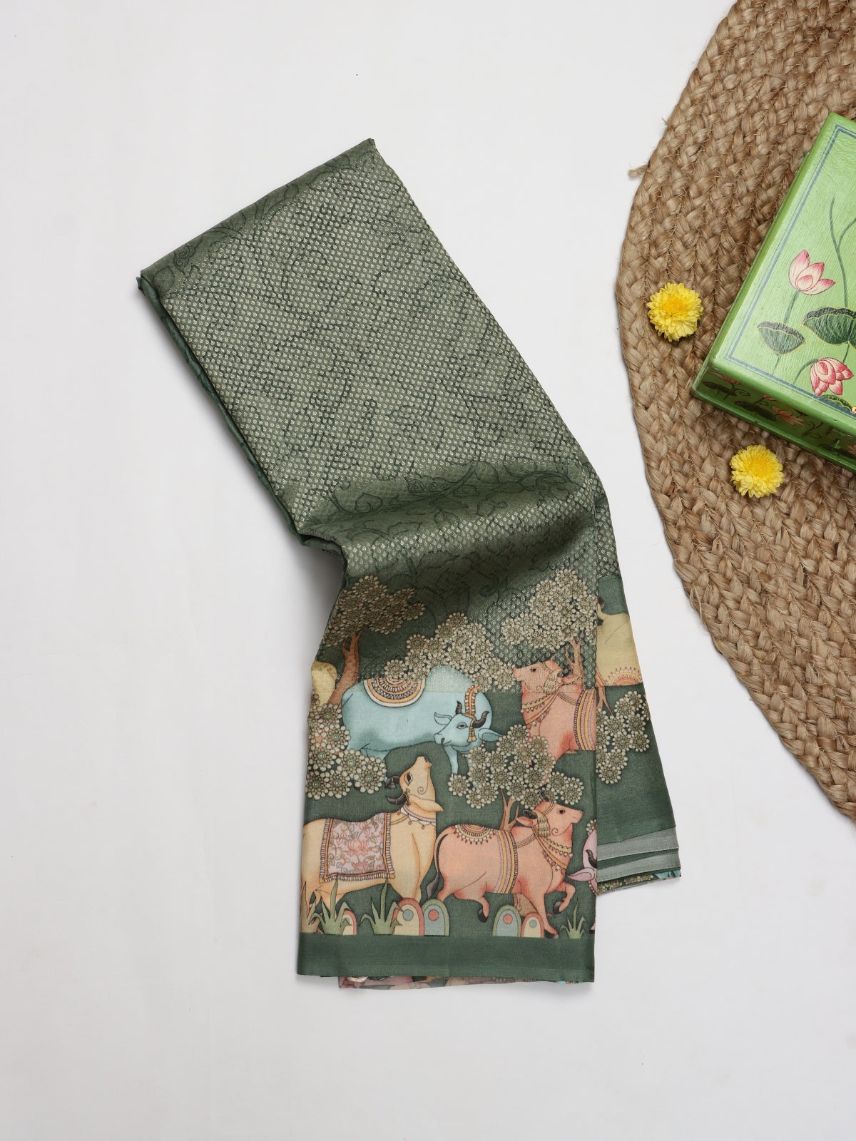 Olive Green Digital Print Brocade Pure Kanchi Silk Saree (Swara)