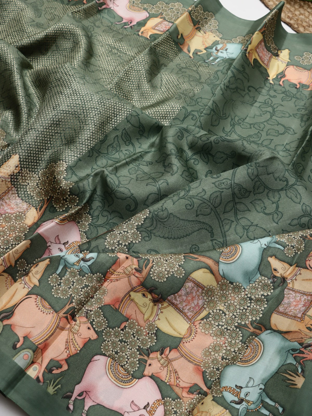 Olive Green Digital Print Brocade Pure Kanchi Silk Saree (Swara)
