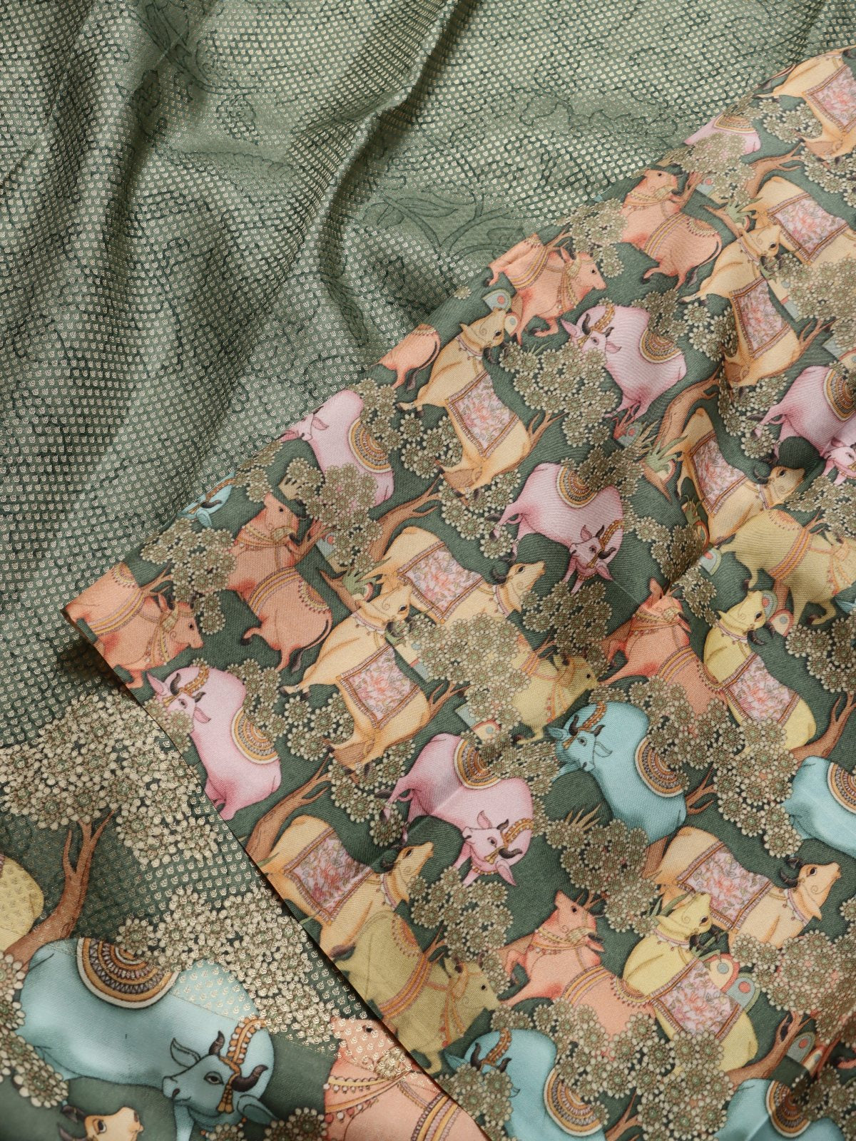 Olive Green Digital Print Brocade Pure Kanchi Silk Saree (Swara)