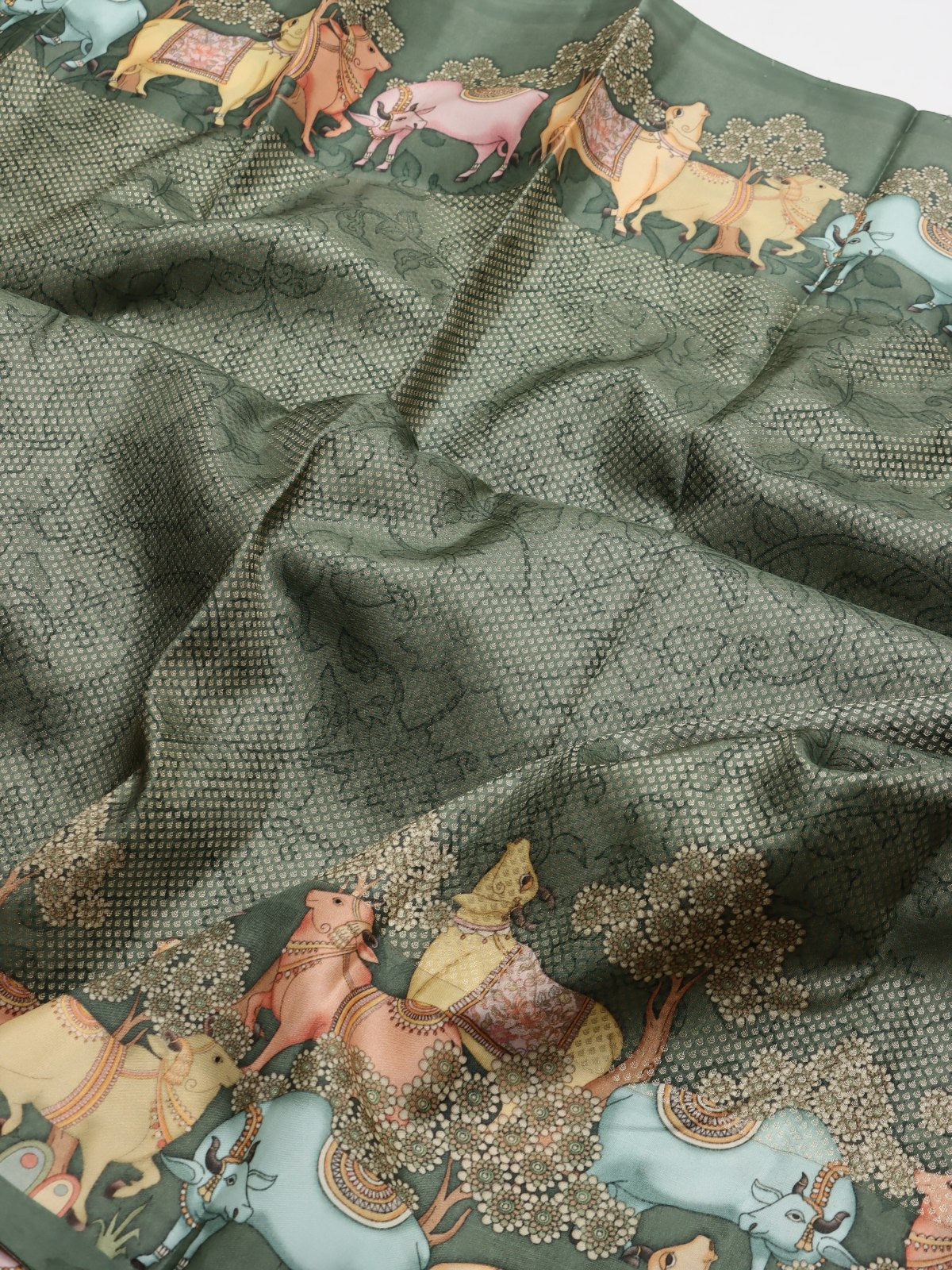 Olive Green Digital Print Brocade Pure Kanchi Silk Saree (Swara)