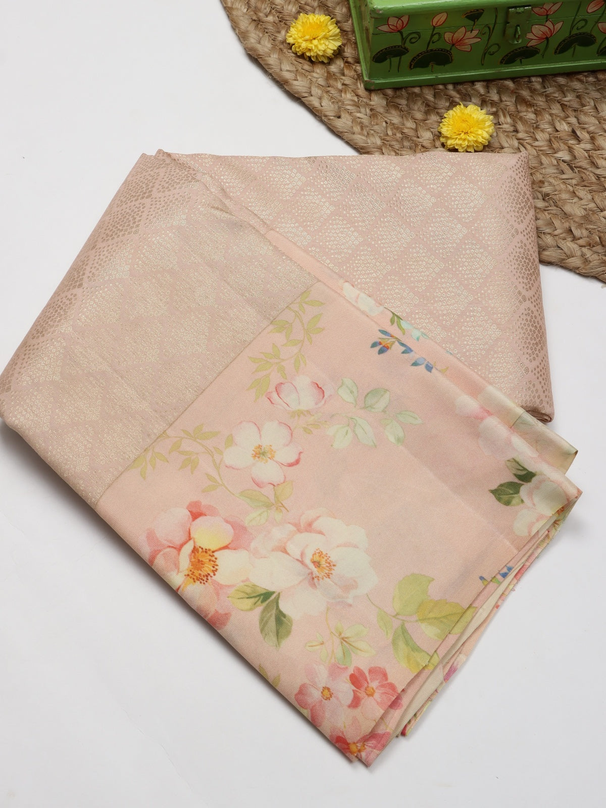 Peach Digital Print Brocade Pure Kanchi Silk Saree (Swara)