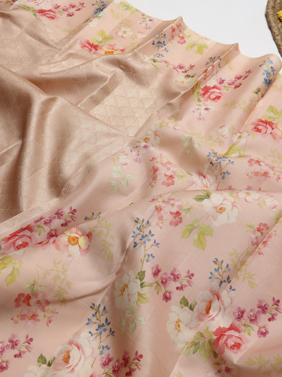 Peach Digital Print Brocade Pure Kanchi Silk Saree (Swara)