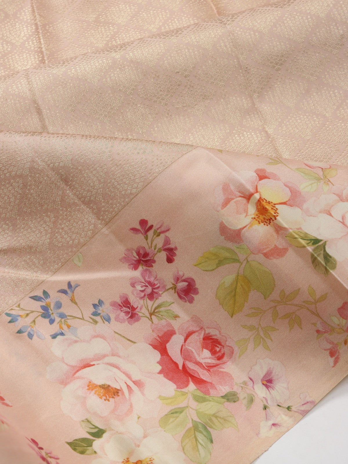 Peach Digital Print Brocade Pure Kanchi Silk Saree (Swara)