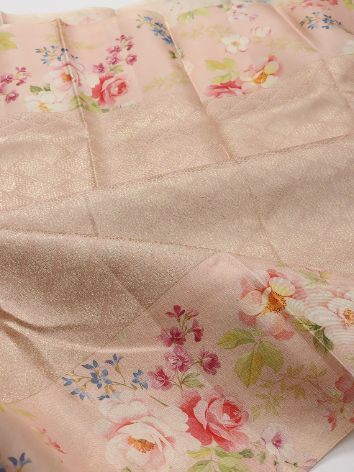 Peach Digital Print Brocade Pure Kanchi Silk Saree (Swara)