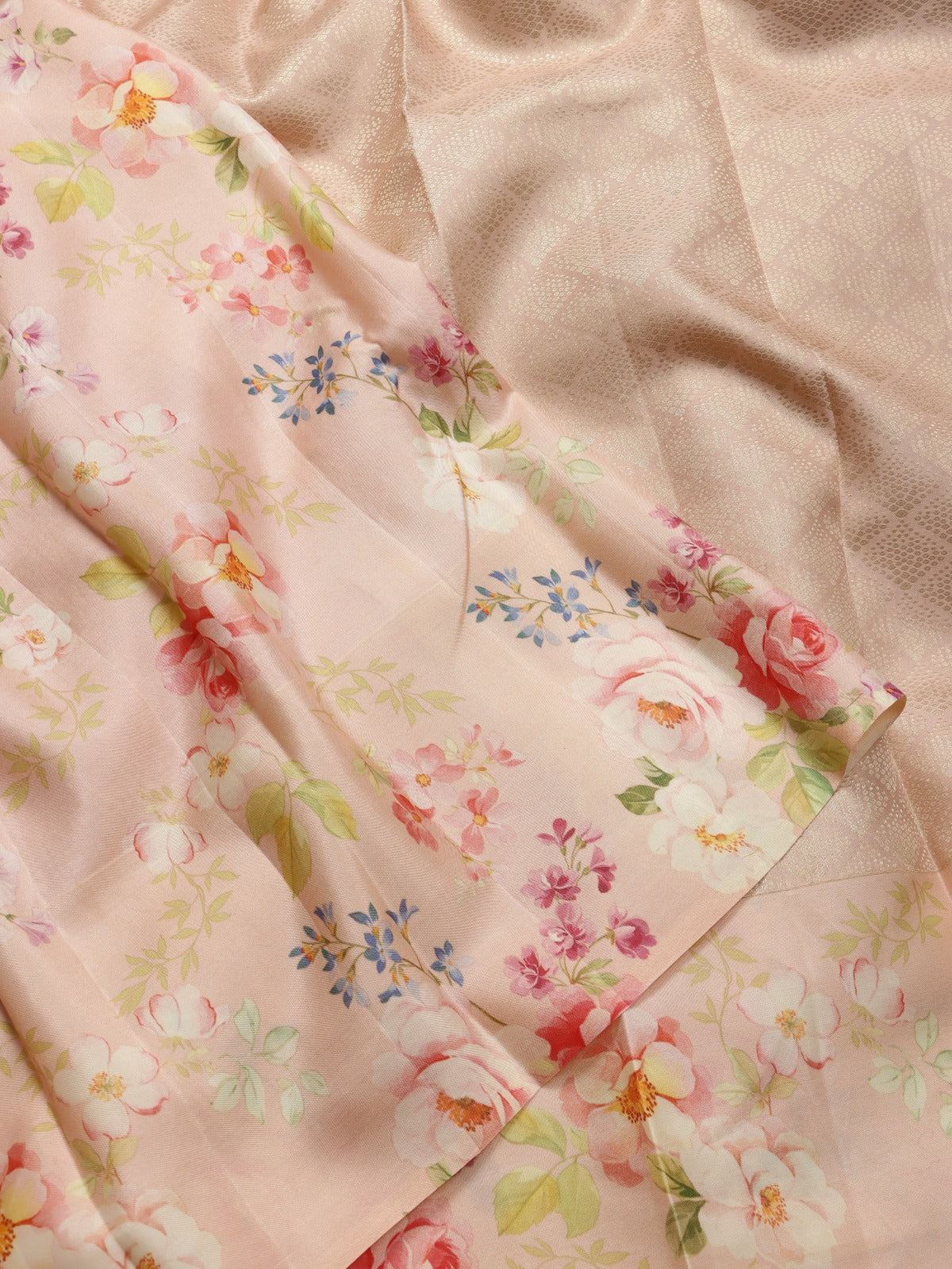 Peach Digital Print Brocade Pure Kanchi Silk Saree (Swara)