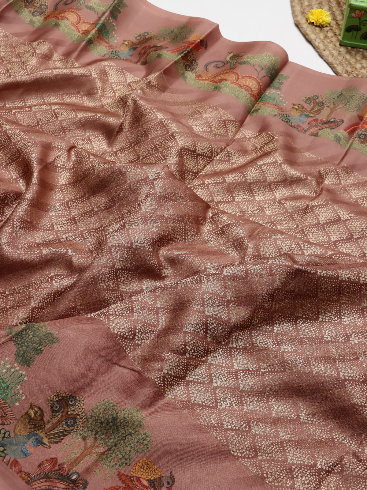 Brown Digital Print Brocade Pure Kanchi Silk Saree (Swara)