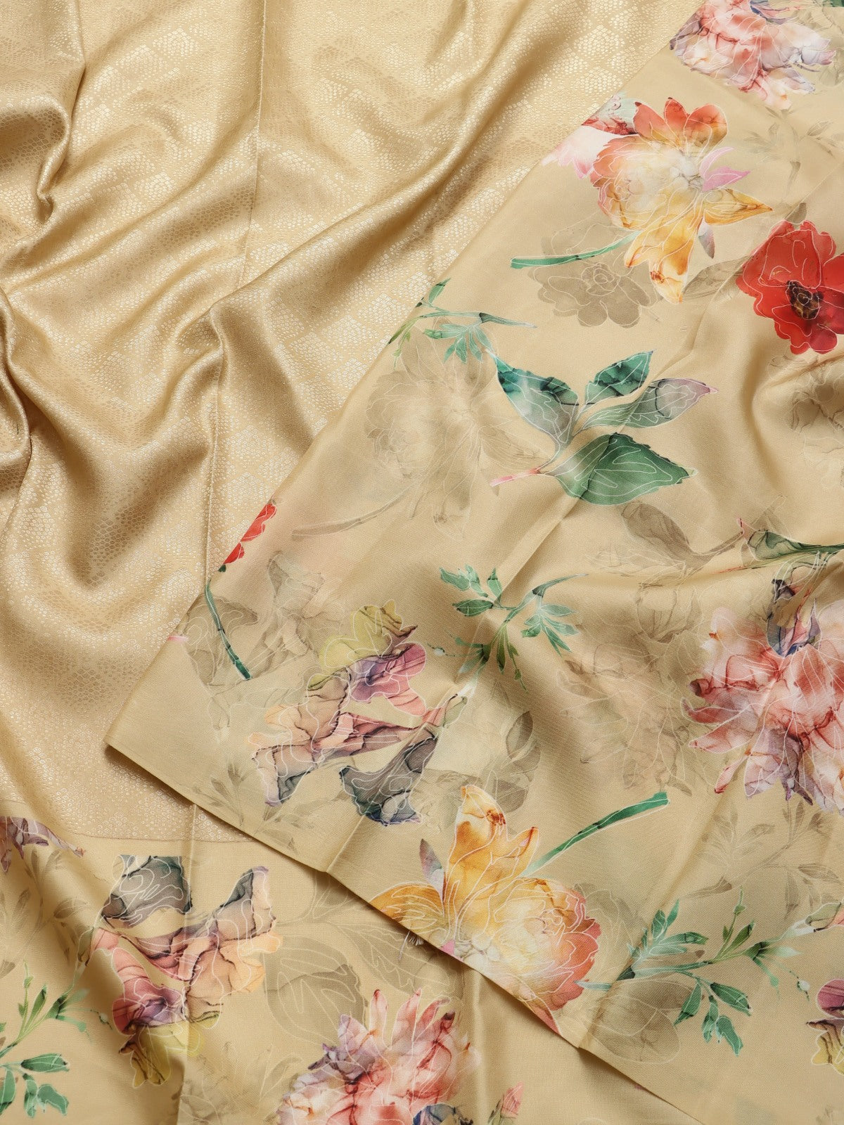Beige Digital Print Brocade Pure Kanchi Silk Saree (Swara)