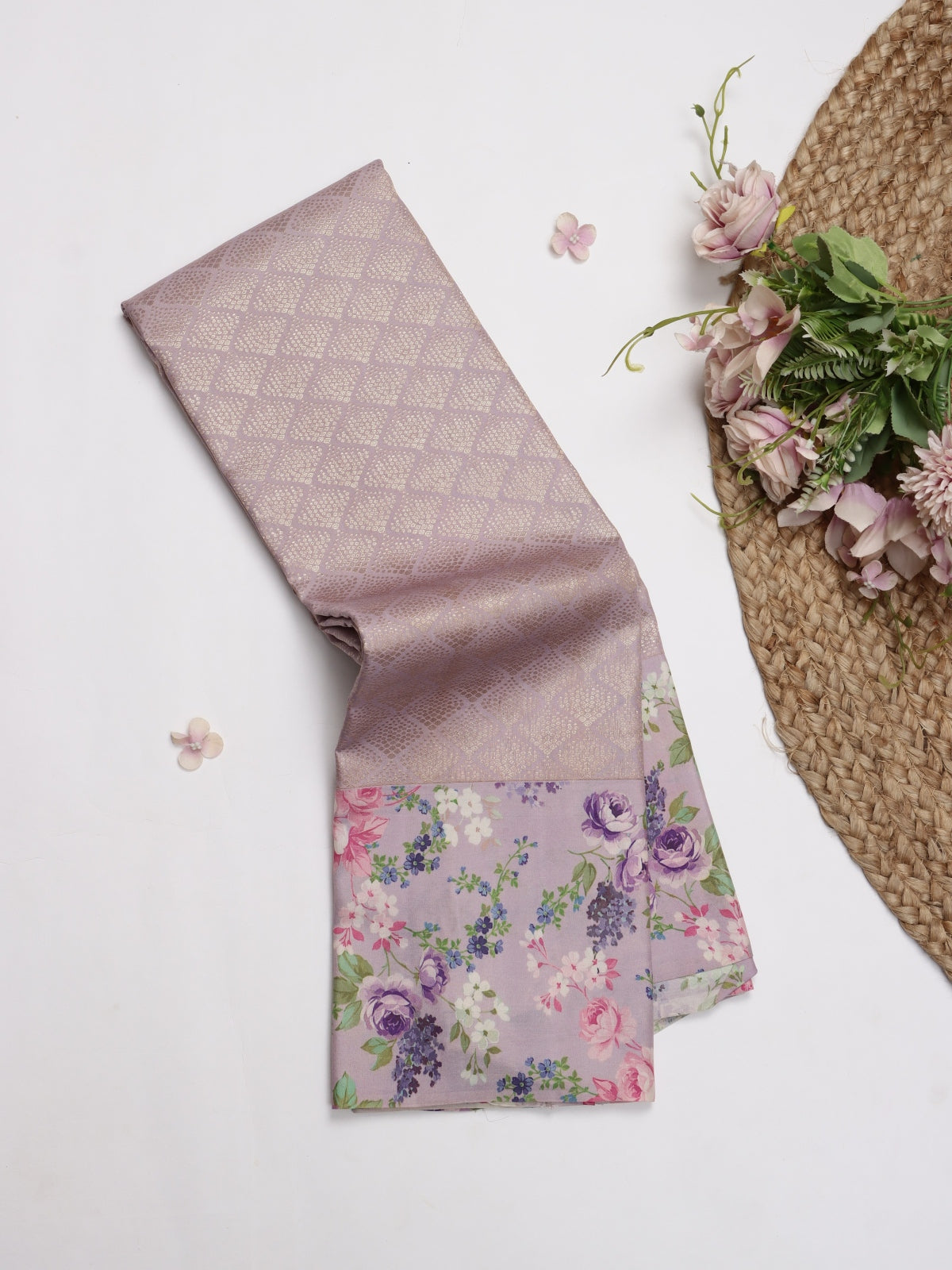 Lilac Digital Print Brocade Pure Kanchi Silk Saree (Swara)