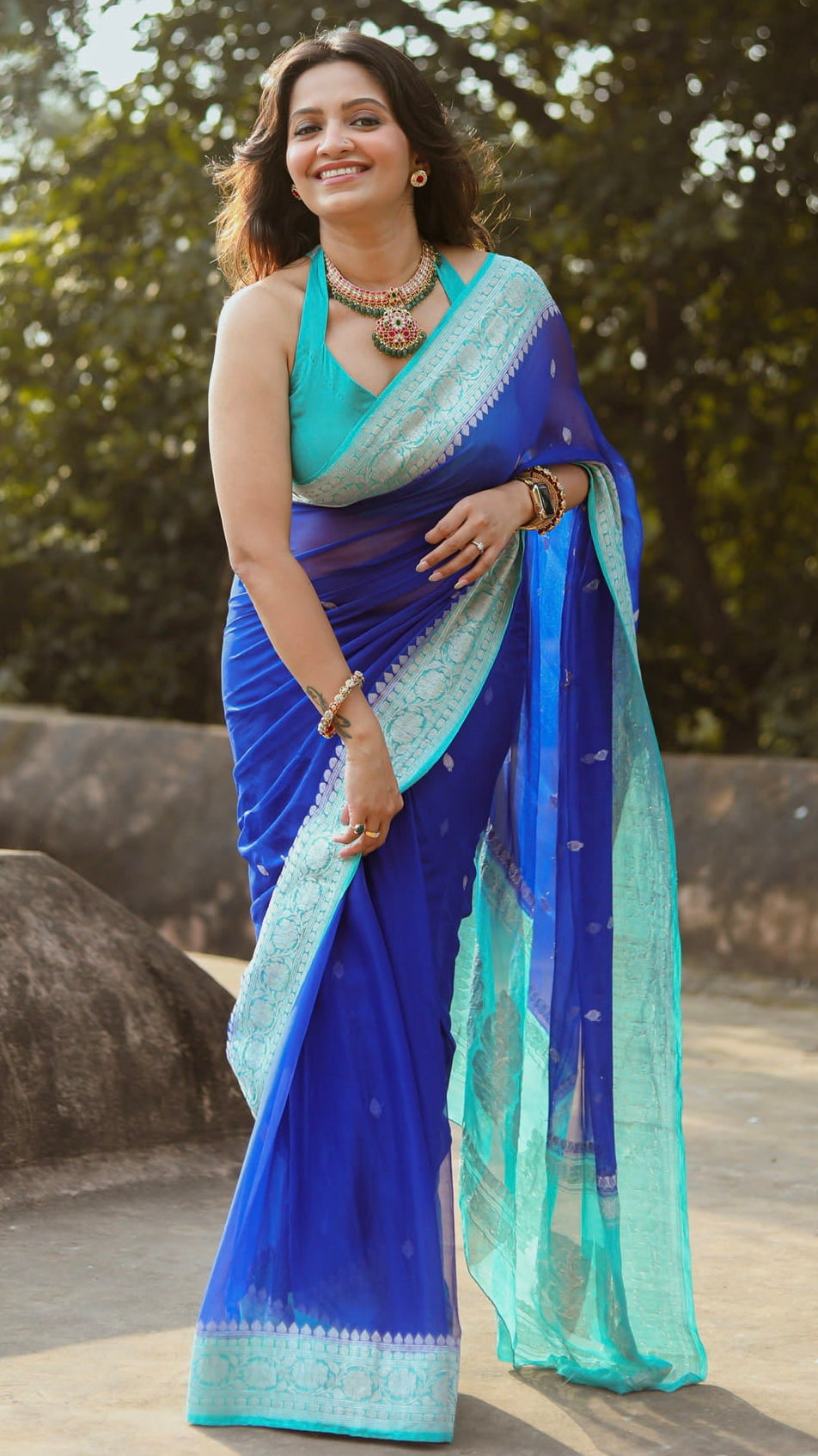Blue with sky blue benarasi pure chiffon saree (Trisha Gaur)