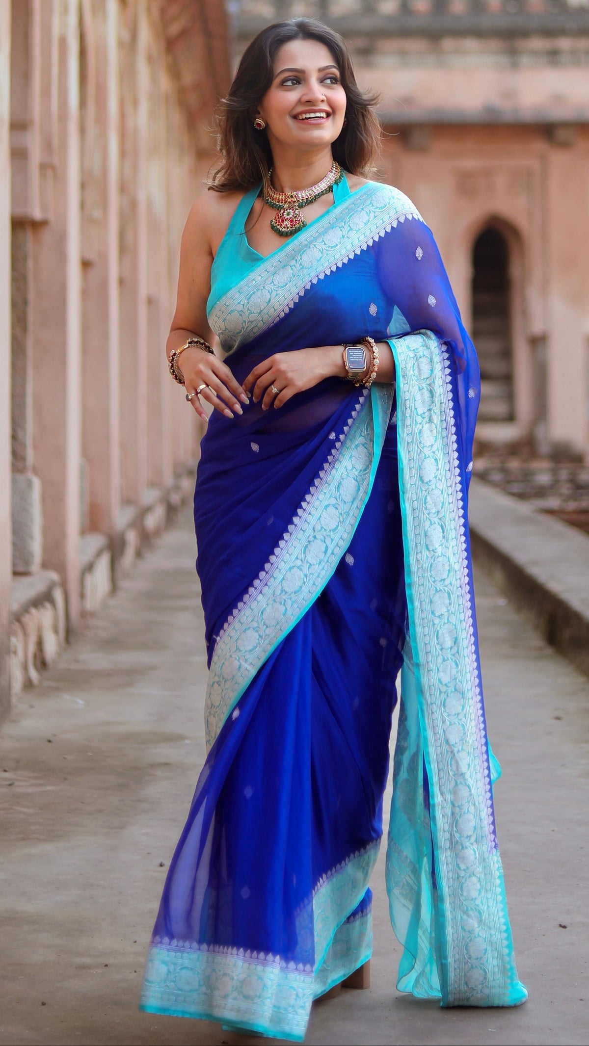 Blue with sky blue benarasi pure chiffon saree (Trisha Gaur)