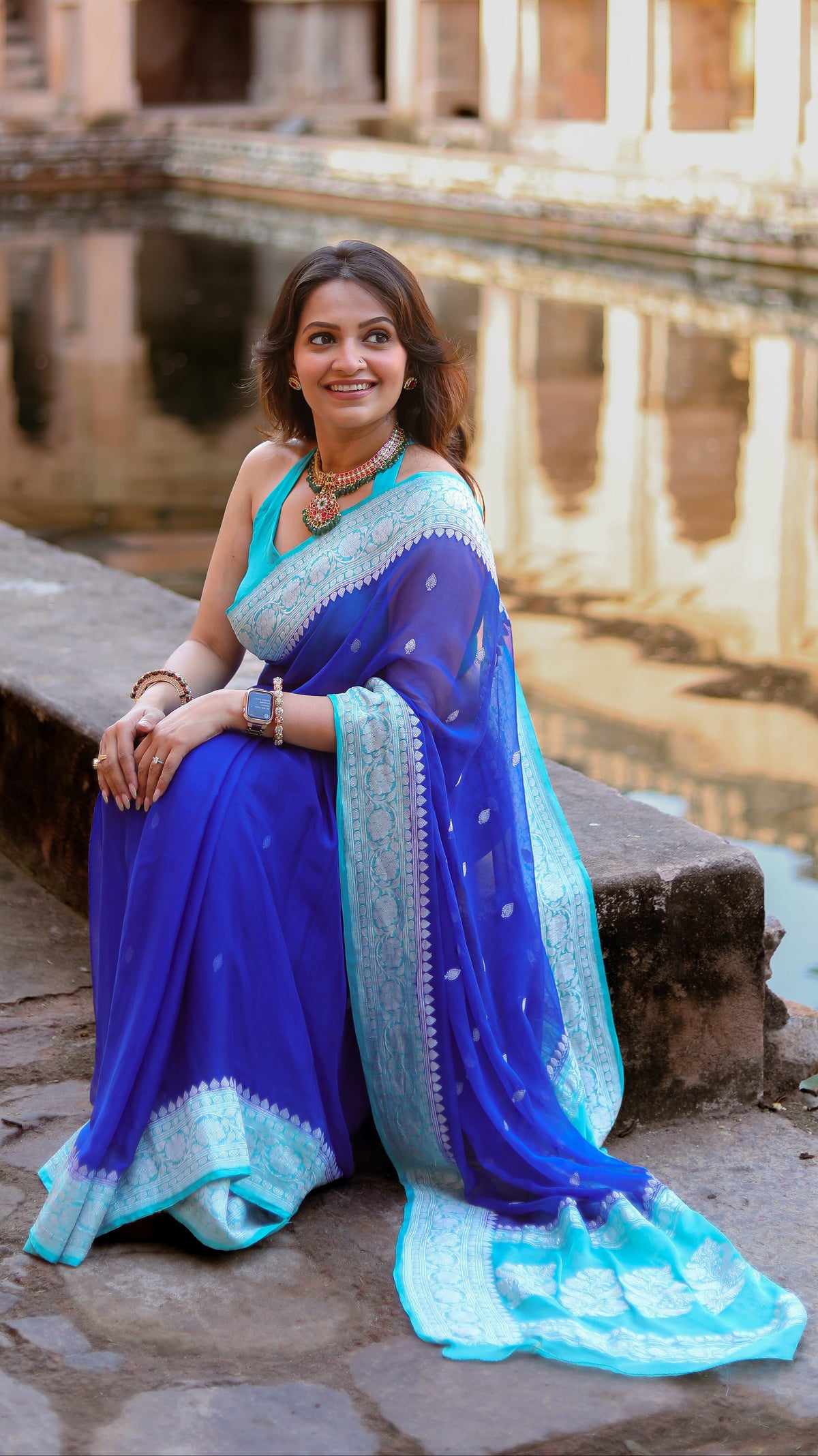 Blue with sky blue benarasi pure chiffon saree (Trisha Gaur)