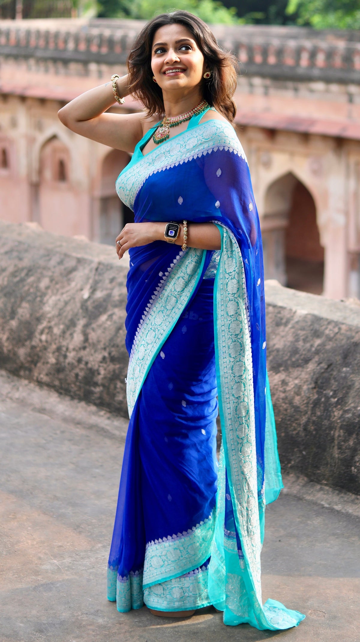 Blue with sky blue benarasi pure chiffon saree (Trisha Gaur)