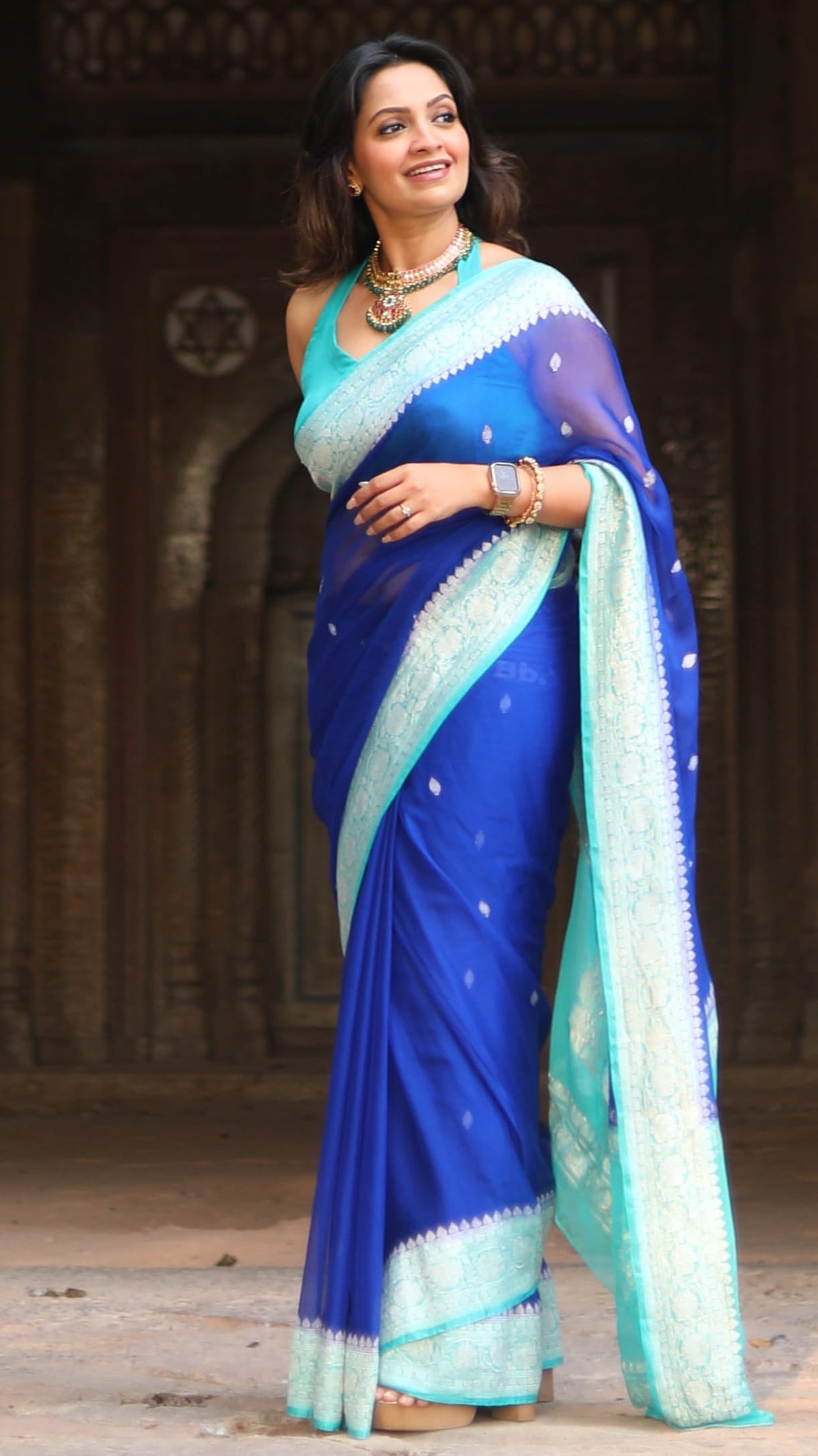 Blue with sky blue benarasi pure chiffon saree (Trisha Gaur)