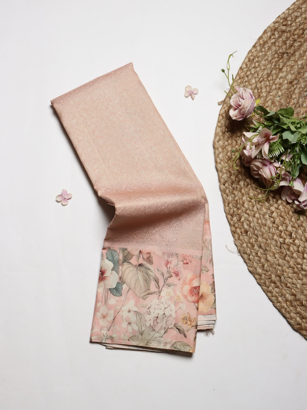 Peach Digital Print Brocade Pure Kanchi Silk Saree (Swara)