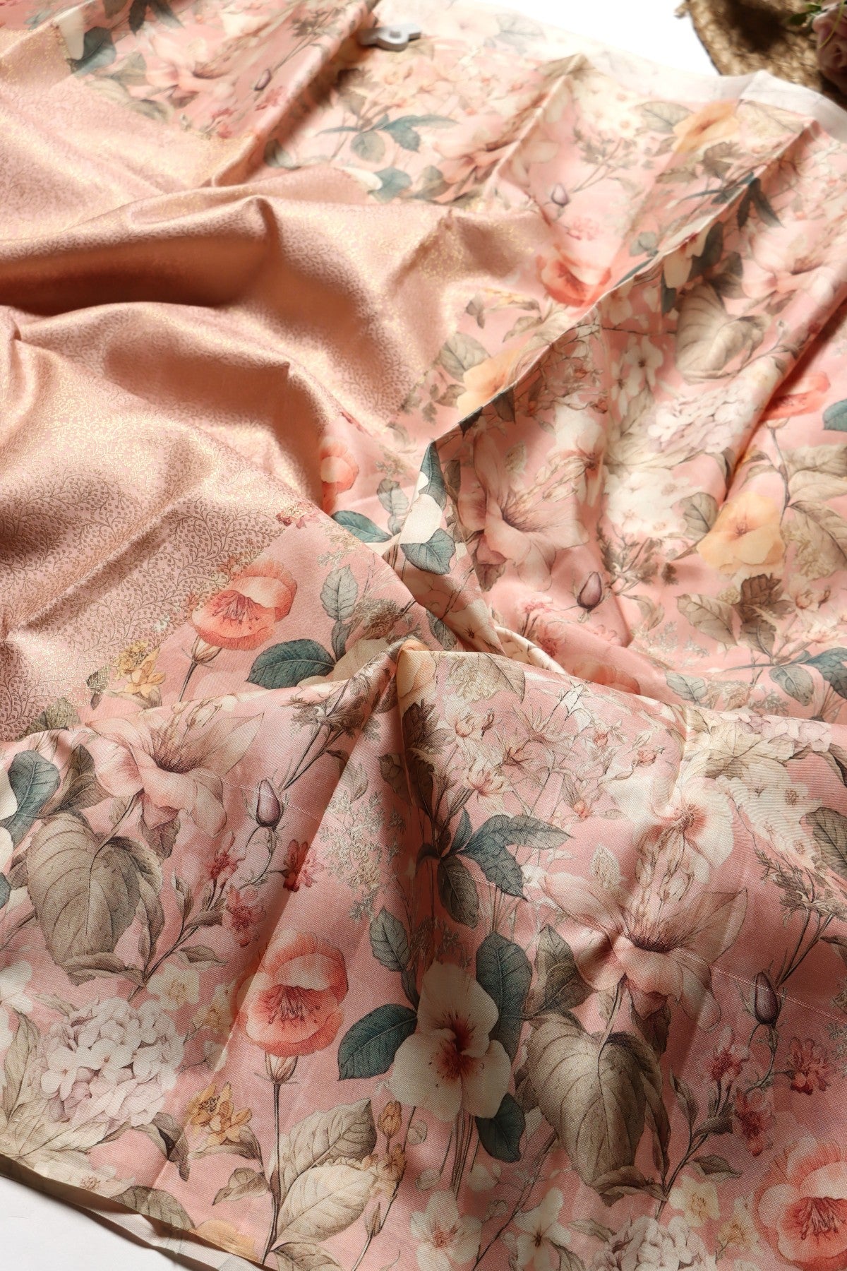 Peach Digital Print Brocade Pure Kanchi Silk Saree (Swara)