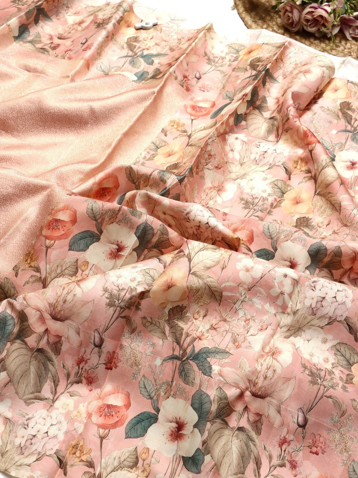 Peach Digital Print Brocade Pure Kanchi Silk Saree (Swara)