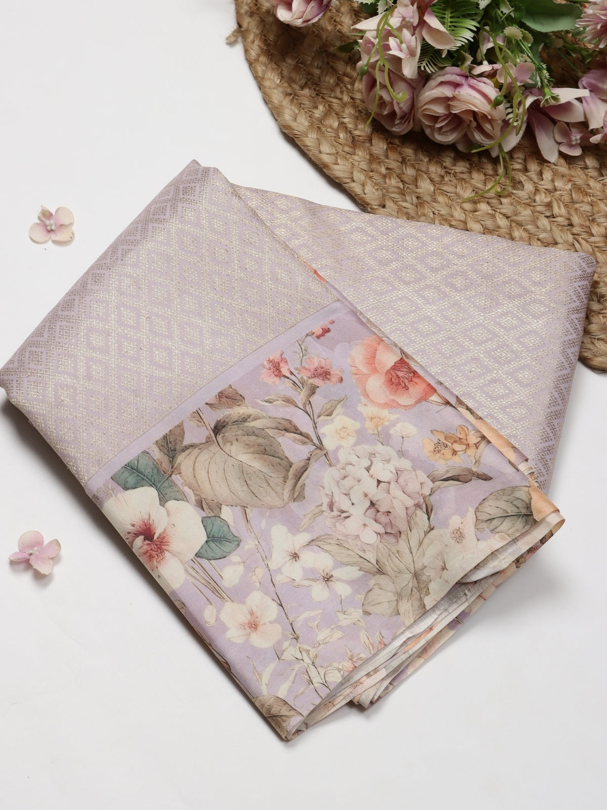 Lilac Digital Print Brocade Pure Kanchi Silk Saree (Swara)