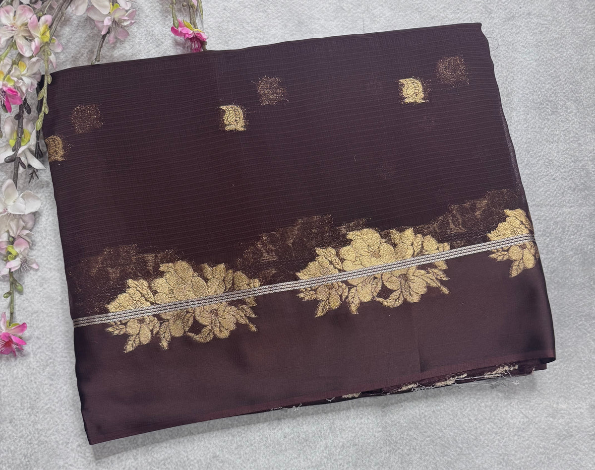 Brown small butta kota checks satin border saree 112
