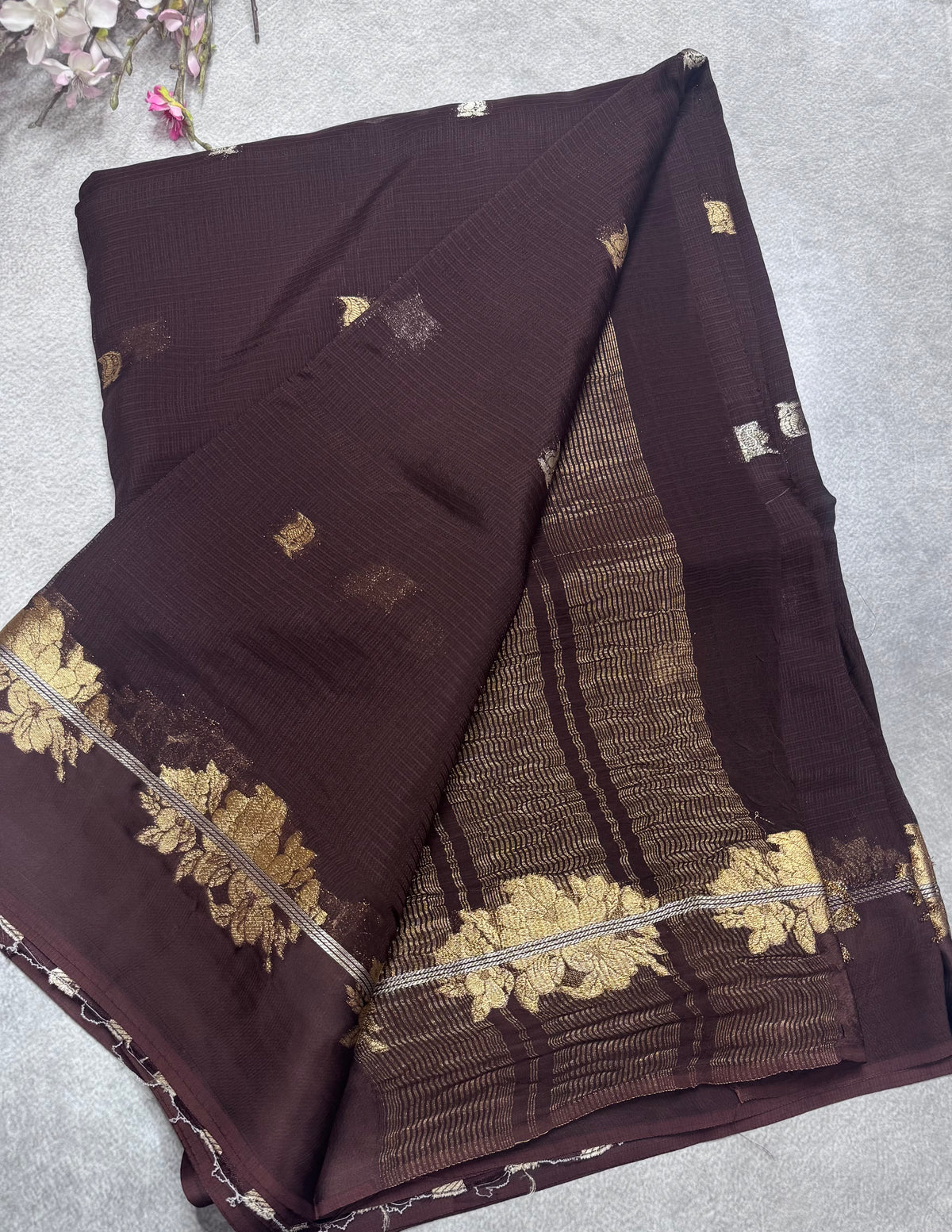 Brown small butta kota checks satin border saree 112
