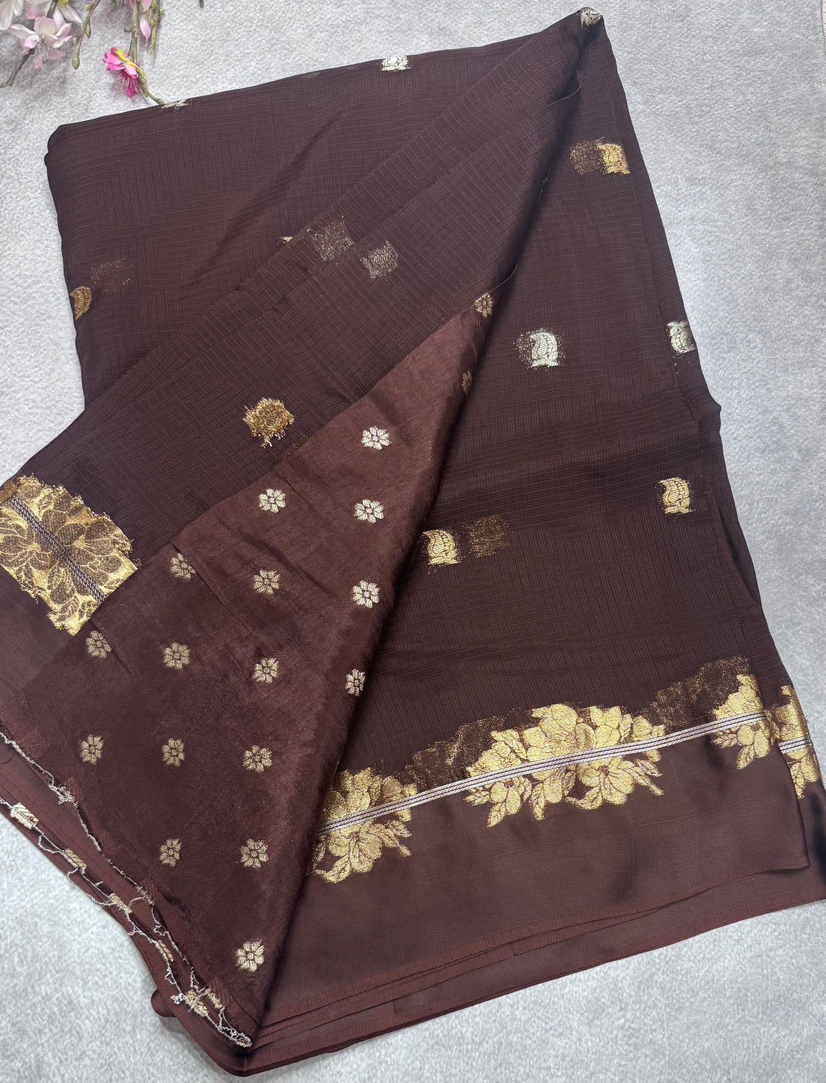 Brown small butta kota checks satin border saree 112